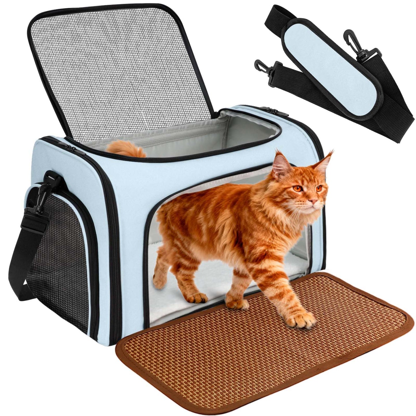 DSDCDJ Cat Carrier Dog Carrier Pet Travel Bag for Small Medium Cats Dogs Puppies up to 15 Lbs, TSA Airline Approved Soft Sided Pet Carrier with Plush Fleece & Cooling Mat, Blue