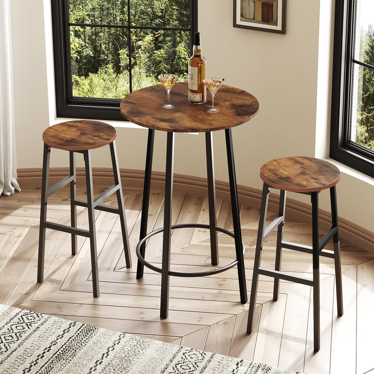 MAHANCRIS 71 cm Bar Stools, Set of 2 Round Bar Chairs with Footrest, Tall Counter Bar Stools, Kitchen Breakfast Bar Stools, Easy Assembly, for Dining Room, Kitchen, Rustic Brown BAHR02701