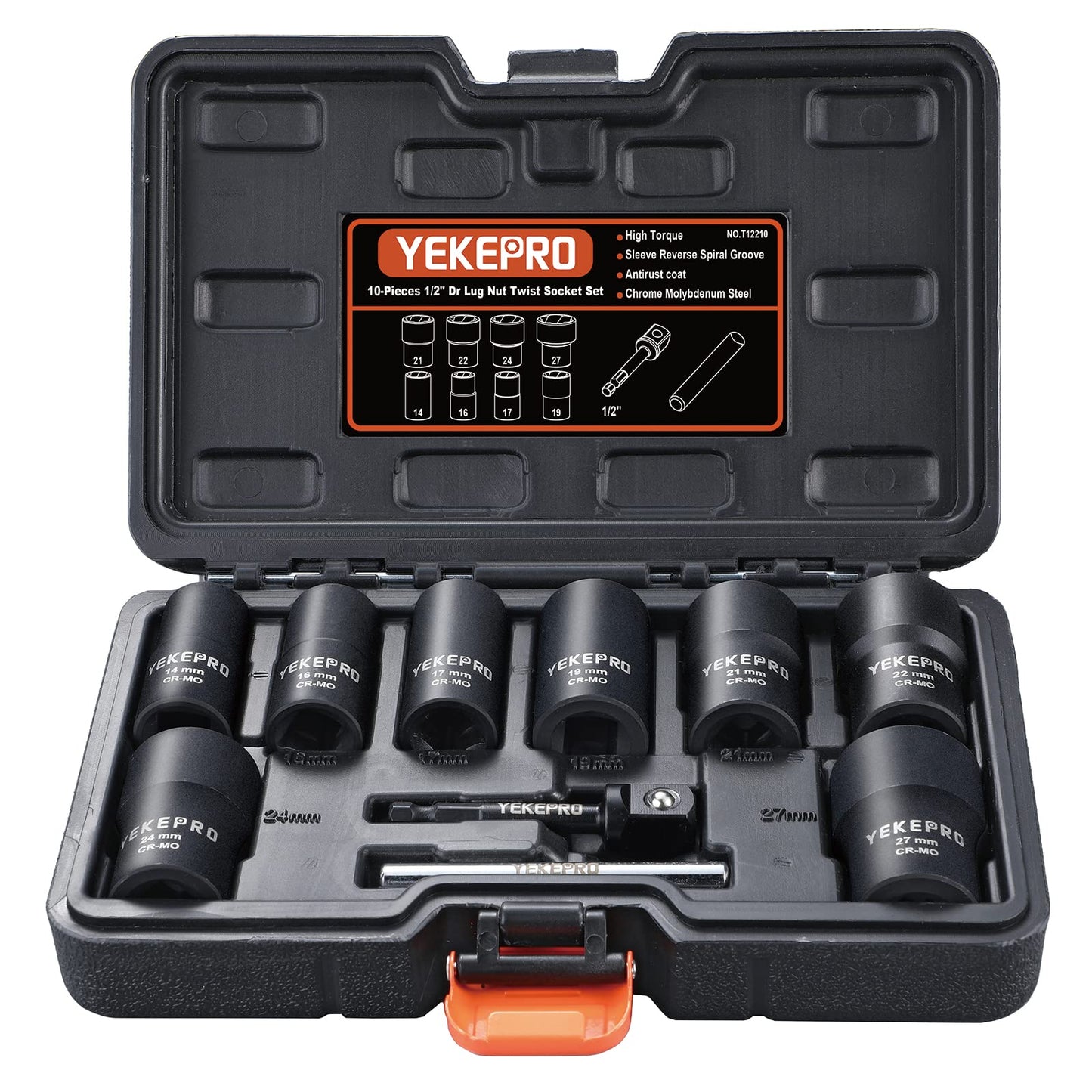 YEKEPRO 10Pcs Bolt Nut Extractor Set, 1/2" Drive Impact Twist Lug Nut Removal Socket Tool, Stripped for Damaged, Frozen, Studs, Rusted, Rounded-Off Bolts, Nuts & Screws, Cr-Mo Steel, T12210