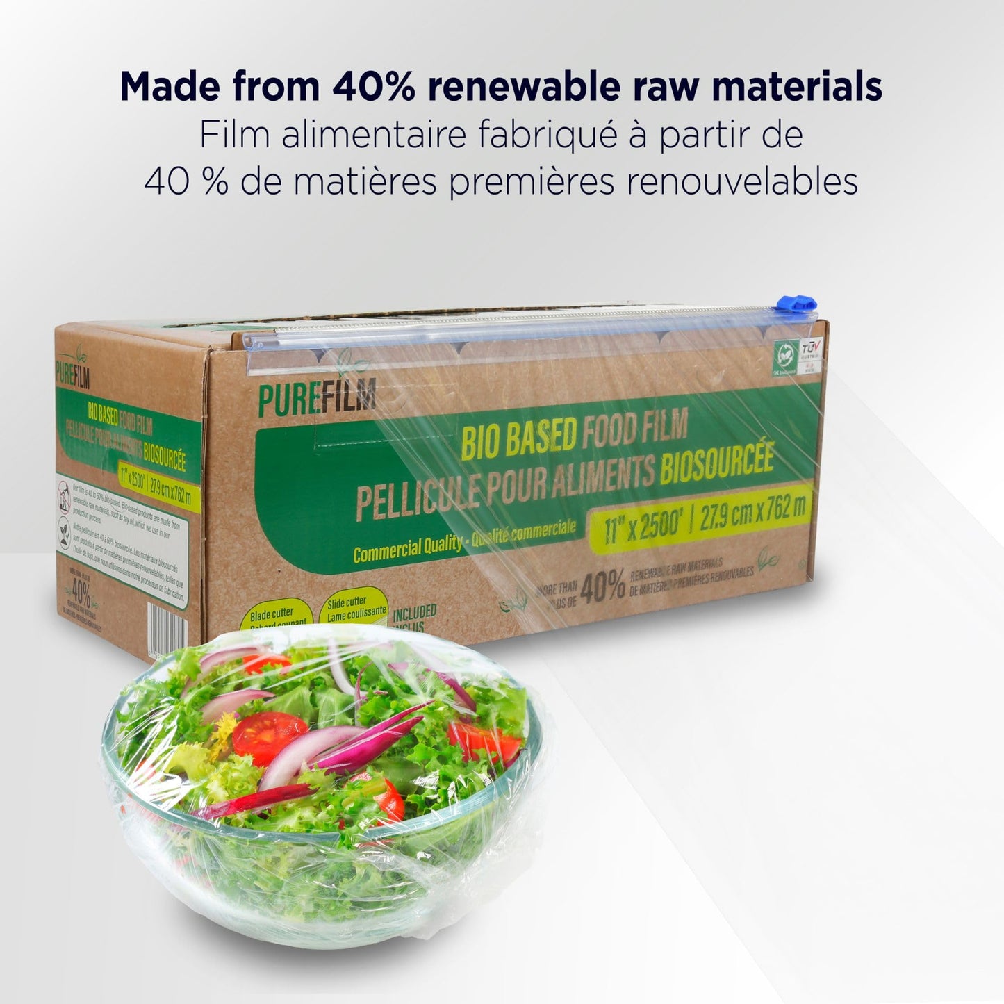 PUREFILM 11in x2500ft Bio Based Food Film, Food Wrap with Blade and Slide Cutter