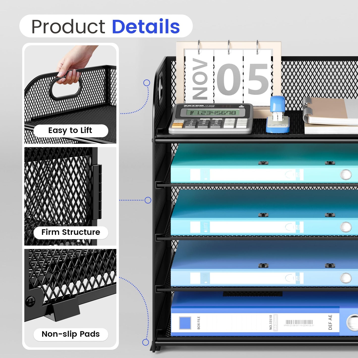 5 Tier Paper Desk Organizer with Handle and 1 Pcs Slideable Letter Tray, A4 Paper File Folder Sorter Metal Mesh Organizer for Home Office School Desk Supplies Organization Storage - Black