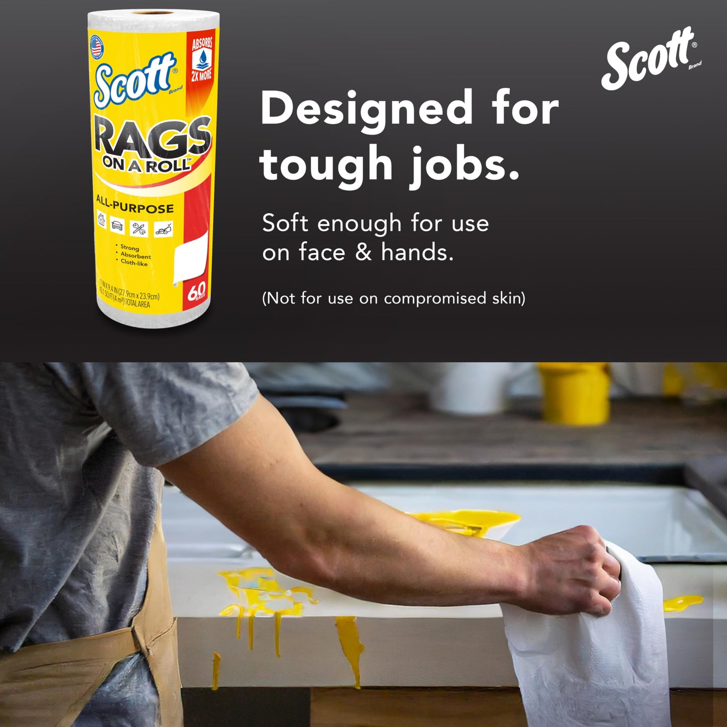 Scott® Rags On A Roll™ (54992), All-Purpose Towels, 9.4"x11" sheets (60 Towels/Roll, 12 Rolls/Case, 720 Towels/Case)