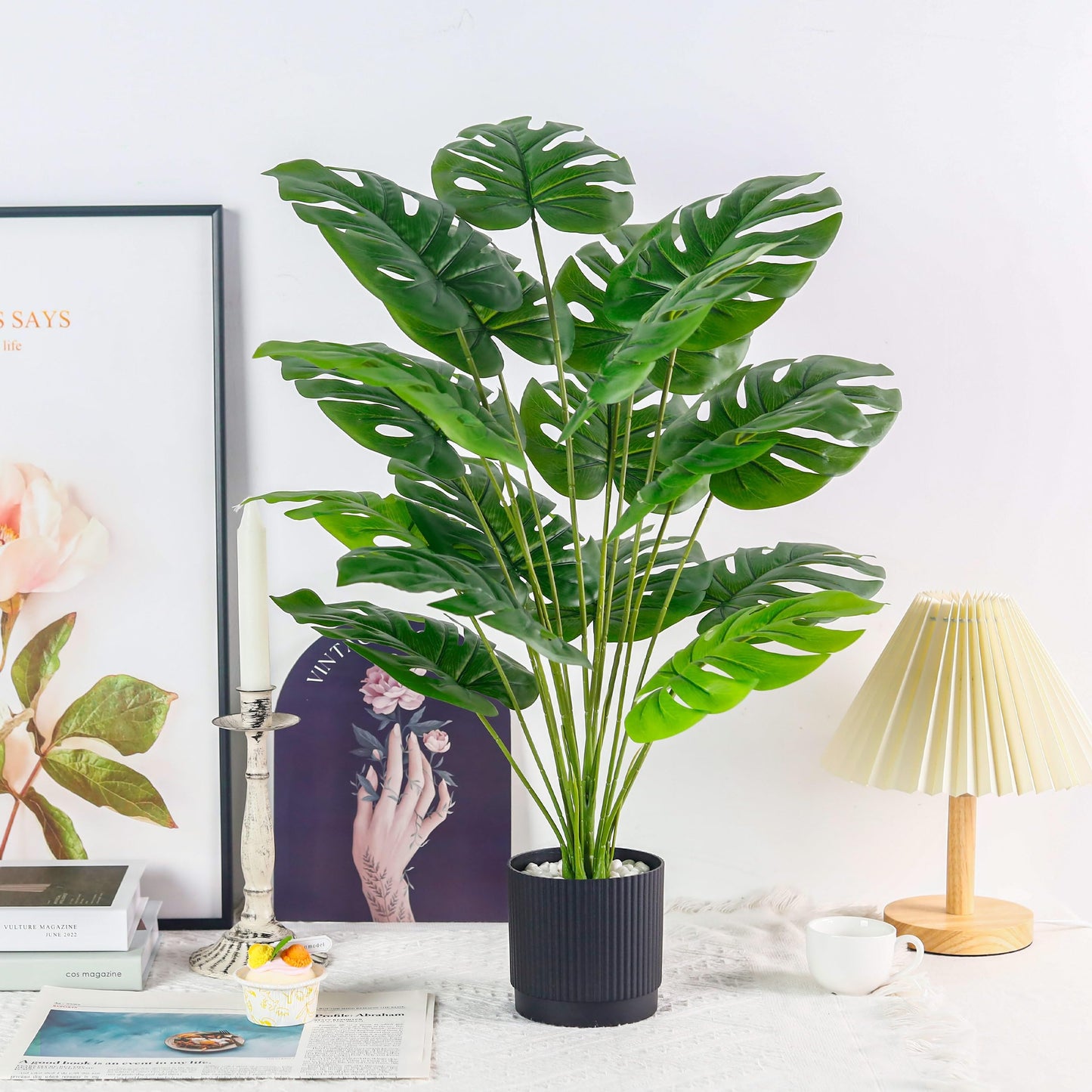 Der Rose 28" Black Pot Fake Monstera Plants, Large Artificial Potted Plants for Indoor & Outdoor Floor Front Porch Modern Decor
