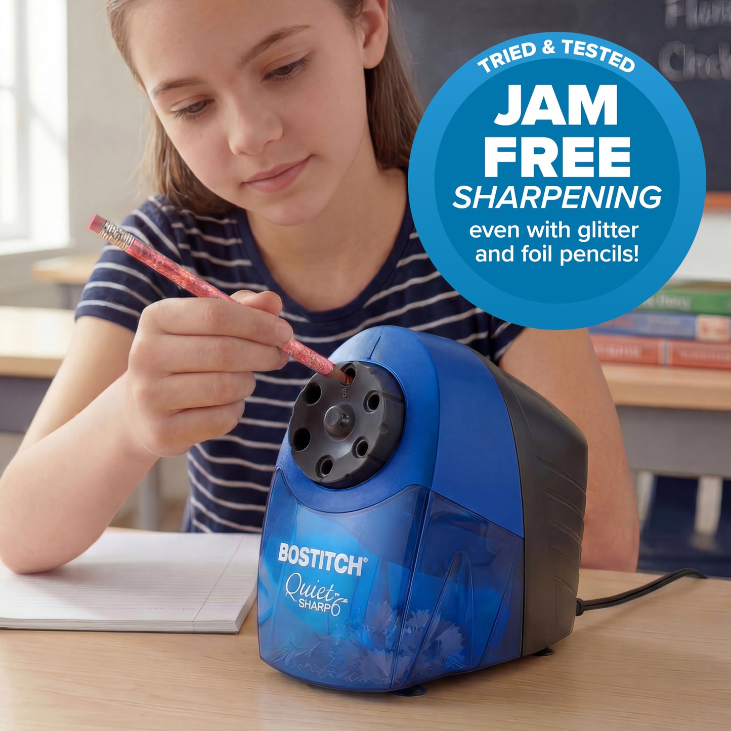 Bostitch QuietSharp 6 Heavy Duty Classroom Electric Pencil Sharpener, 6-Holes, Blue (EPS10HC)