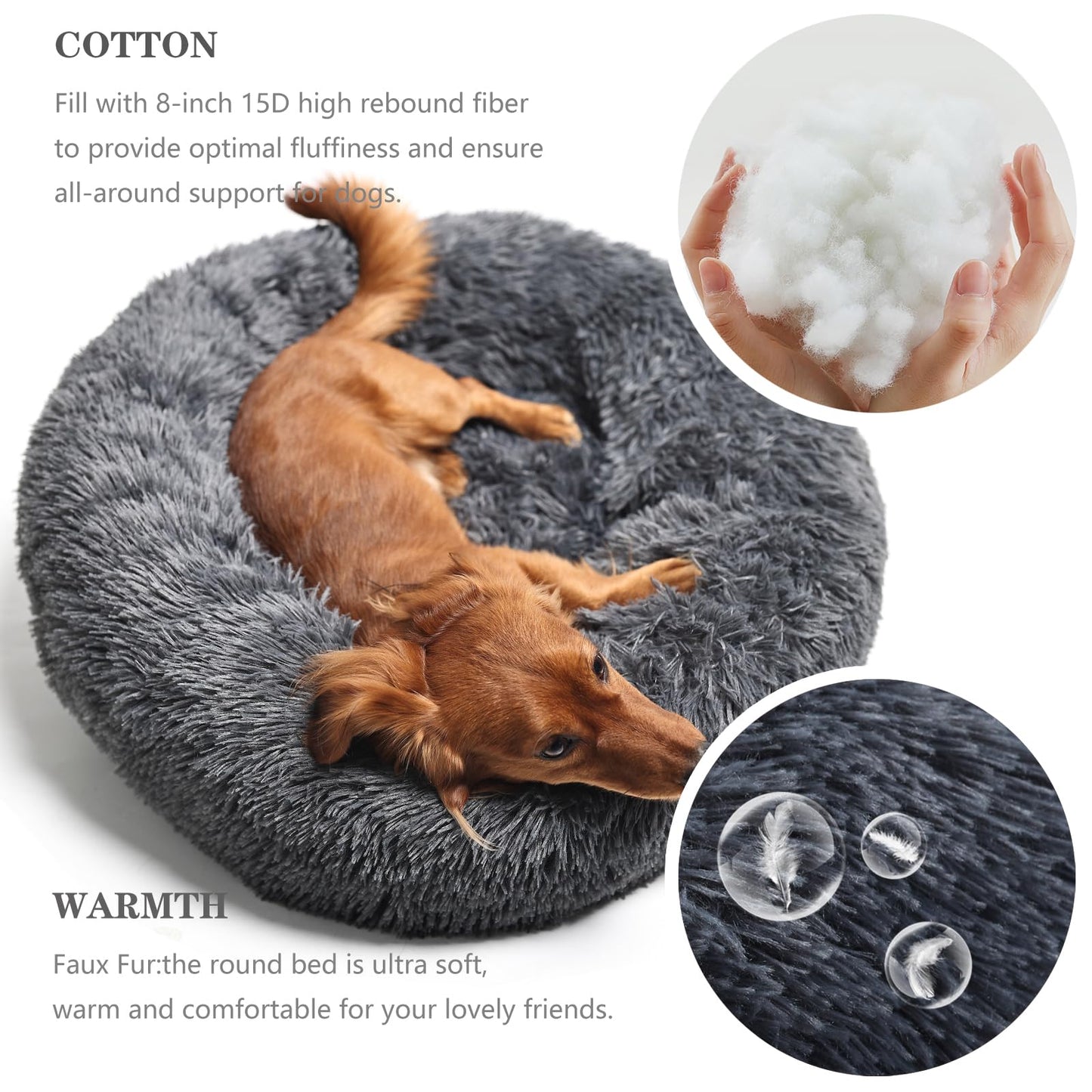 Round Calming Dog Beds for Medium Dogs 30 Inches Anti-Slip Donut Washable Plush Faux Fur Pet Bed fits up to 45 lbs Pets,Dark Gray