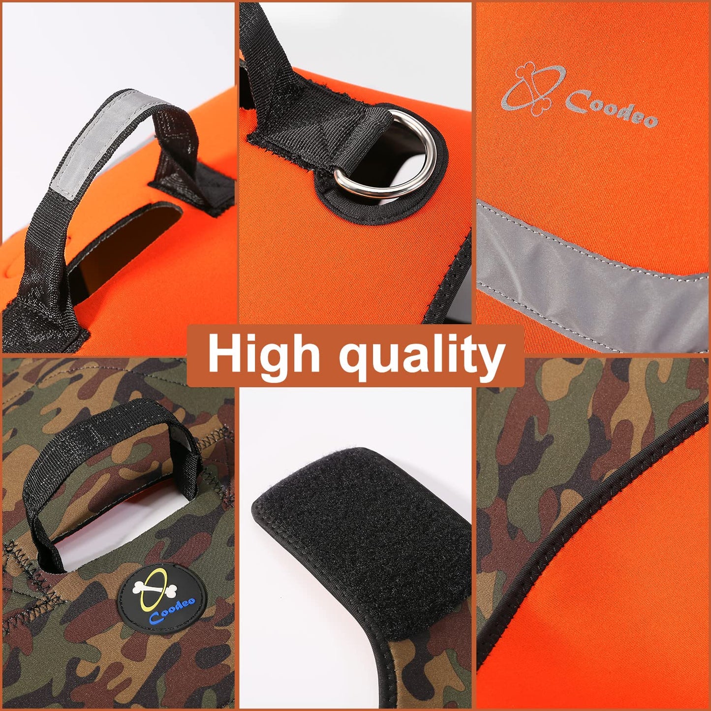 Coodeo Dog Hunting Vest Orange, Camo and Reversible Reflective Dog Tactical Harness Hound Jacket for Protection and Security, 4.5mm Neoprene Waterproof Safety Dog Vest Both Sides to Wear (Large)