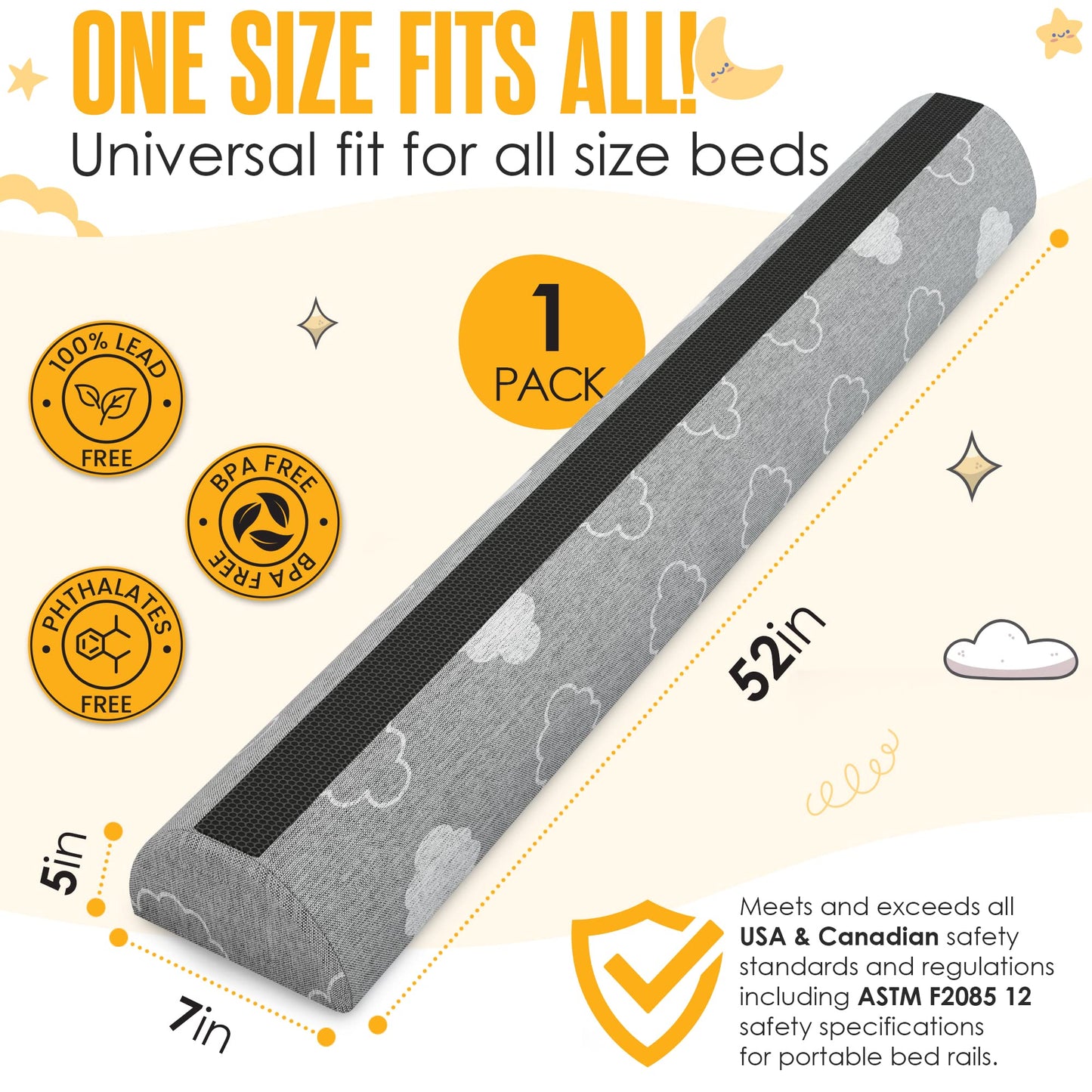 Sleepah Bed Rail for Toddlers (1 Pack) Memory Foam Bed Bumper Guard w Dual Non-Slip Pads (Top & Bottom) Bed Rail is Waterproof Washable Soft Removable Cover for Kids, Adults & Seniors (1)