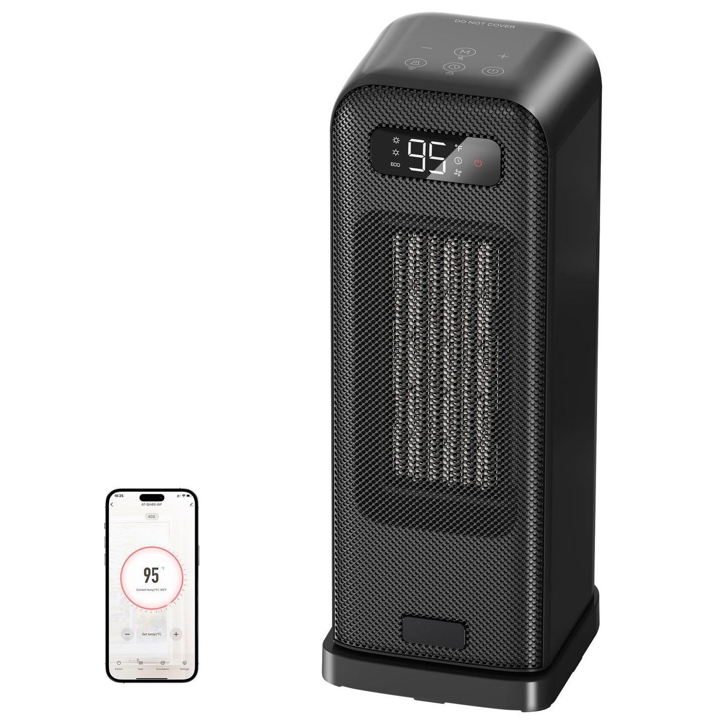 FLANUR Space Heater for Indoor Use, 1500W Portable Electric Heater with Thermostat, WiFi and APP Control, Overheat & Tip-Over Protection, 12H Timer, 4 Modes, 36dB Heater for Office Bedroom Home, Black