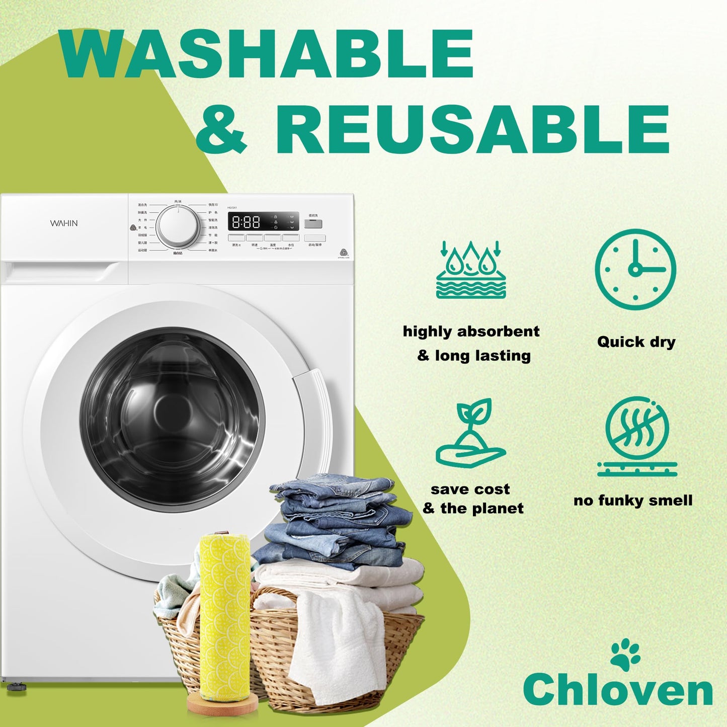 Chloven Reusable Paperless Paper Towels - Paperless Towels Roll Washable Cotton Cloth, Kitchen Paper Towels with Durable Cardboard Roll,25 Pack Zero Waste Reusable Napkins Alternative