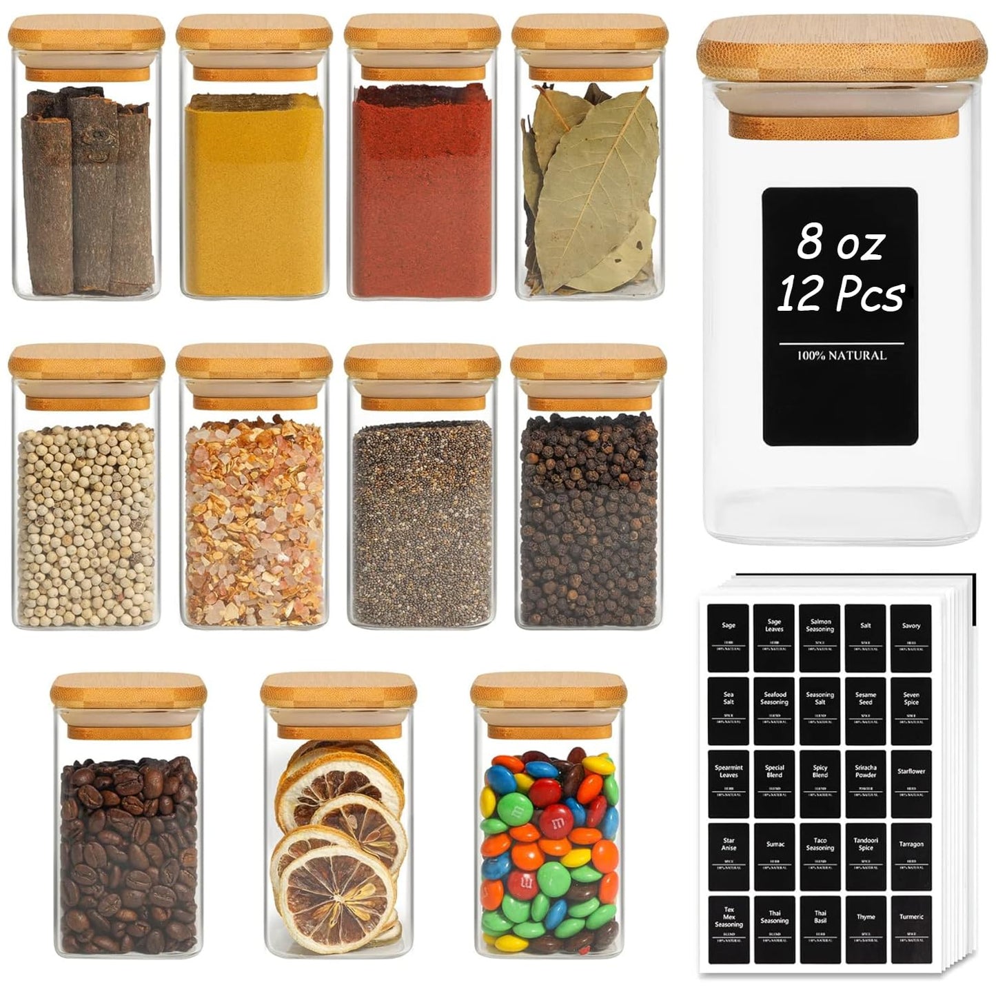 ComSaf 12Pcs Glass Spice Jars with Bamboo Lid, 8oz Airtight Square Spice Containers with 275 Black Lables, Empty Seasoning Jars for Spice Salt Sugar