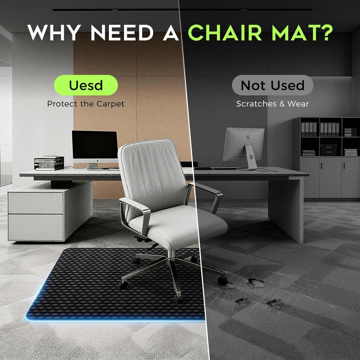 FRUITEAM Office Chair Mat, Unique Diamond-Shaped Pattern, 36" X 48" Computer Chair Mat for Carpet, Non-Slip, Easy Glide PVC Desk Floor Mat for Home, Office, Gaming(Black)