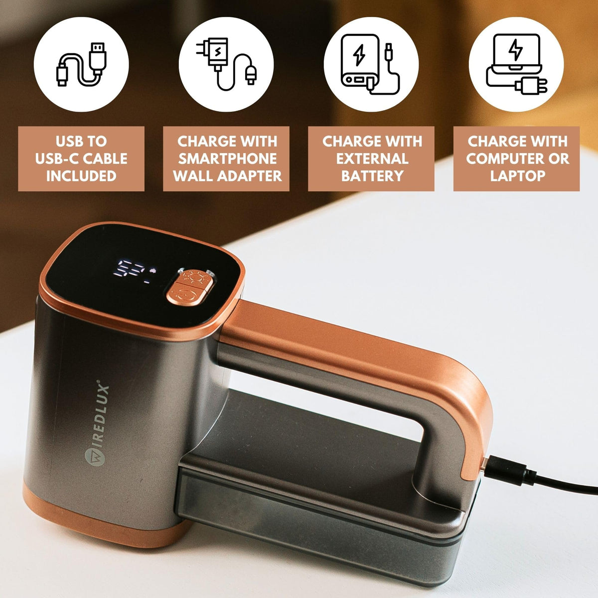 WiredLux Electric Lint Remover - Rechargeable Fabric Shaver for Clothes & Couch - Adjustable 3-Speed, 6-Leaf Blade, LED Light, USB Charging - Depiller with Dual Protection (Graphite Grey/Copper)