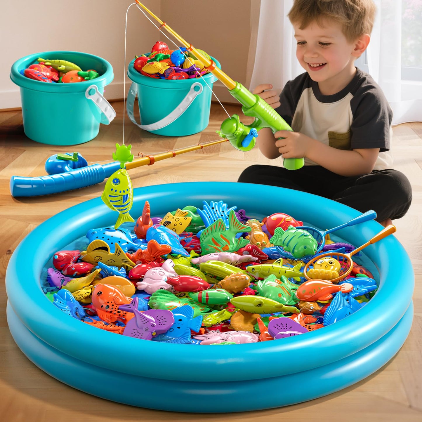 60 Pcs Magnetic Fishing Pool Toys Game for Kids Toddlers, Fishing Water Table Bathtub Toy with Inflatable Pool Pole Rod Net Bucket Plastic Floating Fish, Water Bath Pool Outdoor Toy for Kids Age 3 4 5