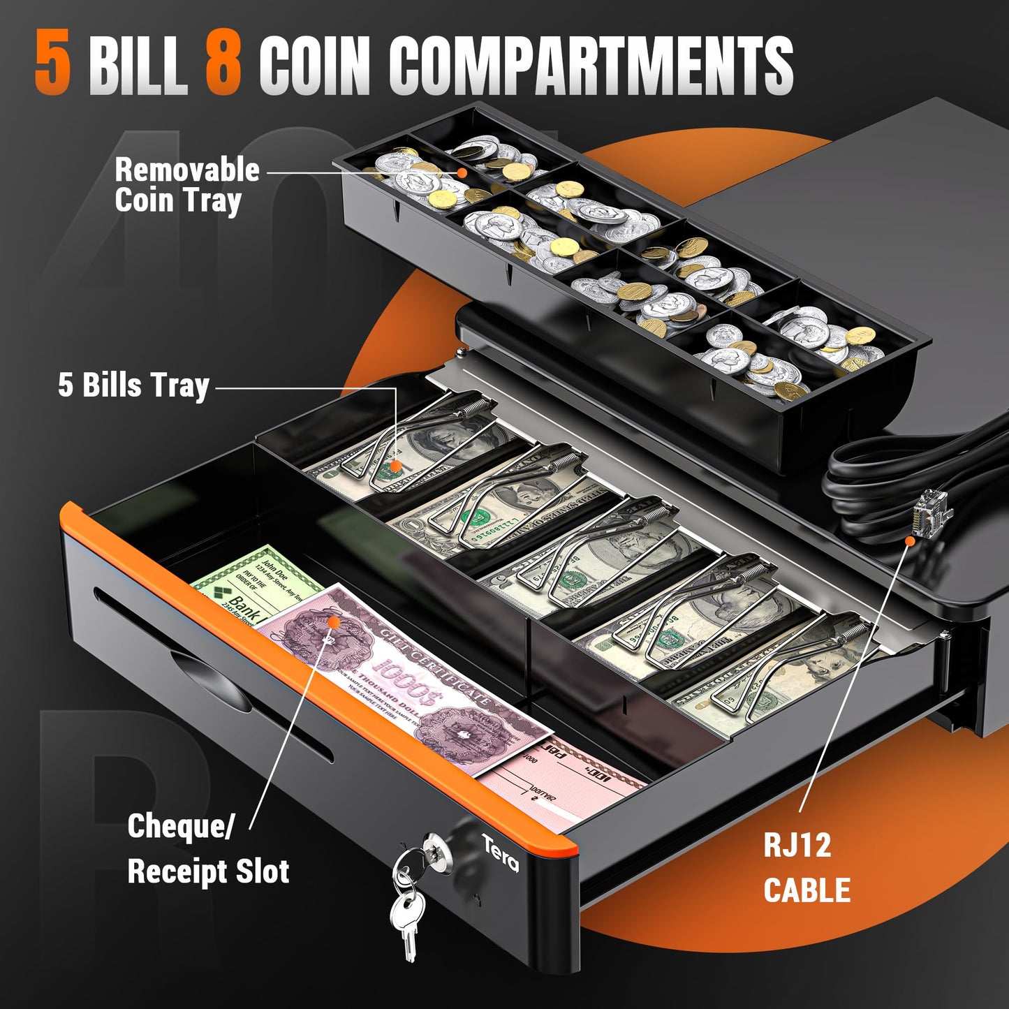 Tera 16" Auto Open Cash Register Drawer Insert Tray 5 Bill 8 Coin for Point of Sale (POS) System with Removable Cash Tray Media Slot 24V RJ12 Key-Lock (Round Corner) for Small Businesses Retail 405R