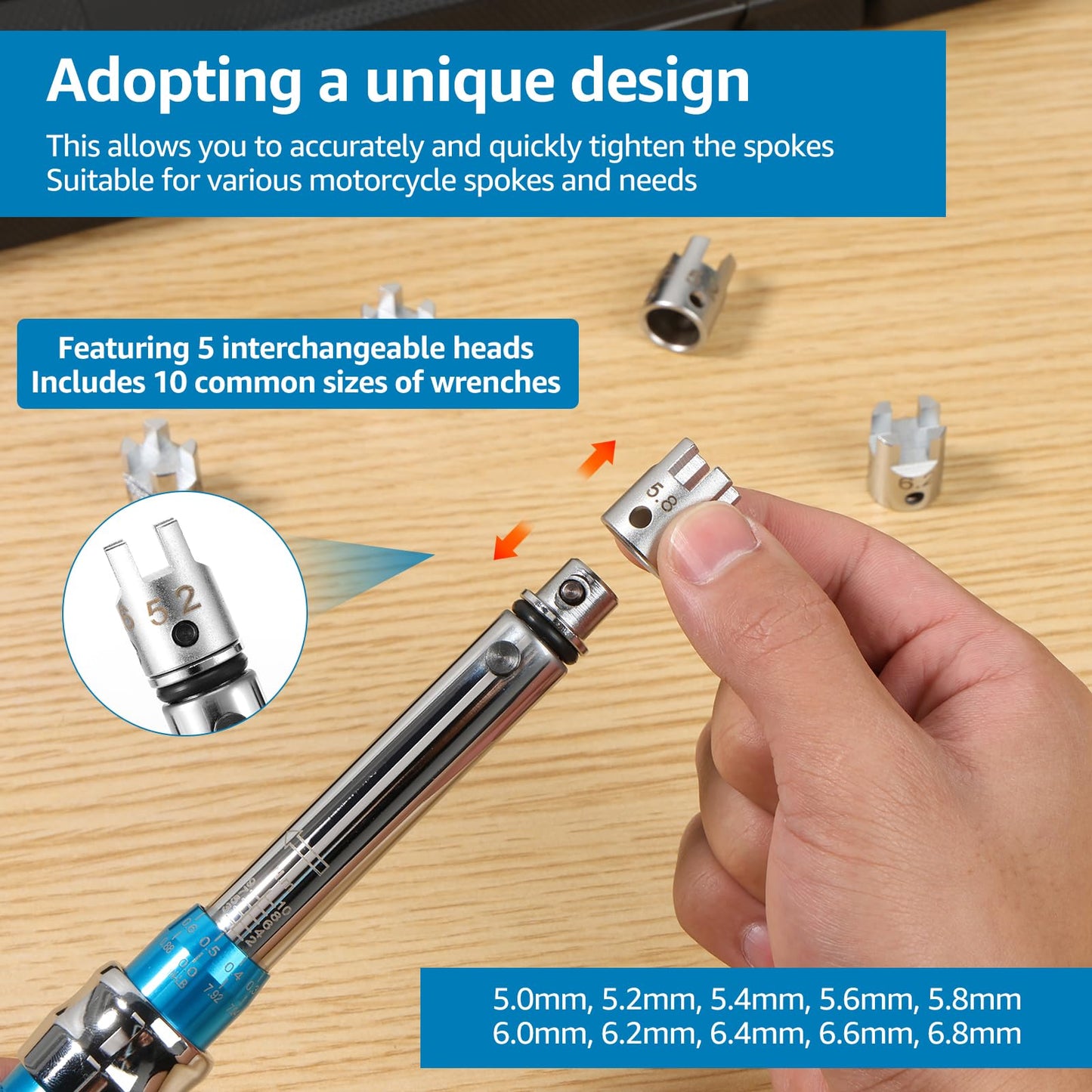 CQDAXUMY Motorcycle Spoke Torque Wrench, 2-10NM Spoke Torque Wrench with 5 Interchangeable Heads,Ideal for Bike and Motorcycle Wheel Maintenance and Adjustments