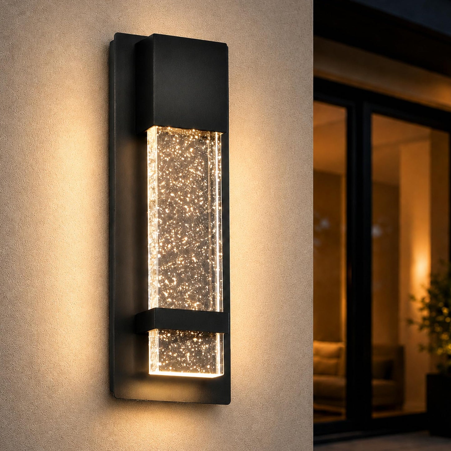 Modern Outdoor Wall Light, 12W LED Wall Sconce 3000K Warm Light, Waterproof Black Aluminum Exterior Wall Light with Bubble Crystal Glass, Hardwired Porch Light for Front Door, Patio, Garage