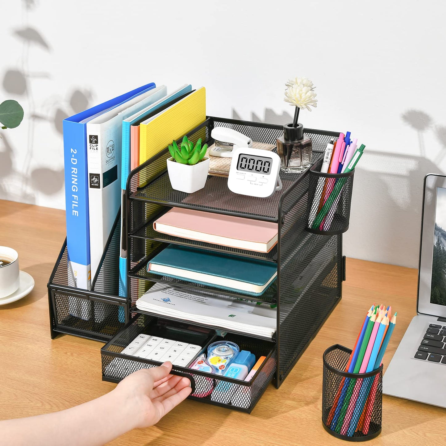 Marbrasse Desk Organizer with File Holder, 5 Tier Paper Letter Tray with Drawer and 2 Pen Holders, Document Organizer with Magazine Holder for School, Home, Office Supplies (Black)