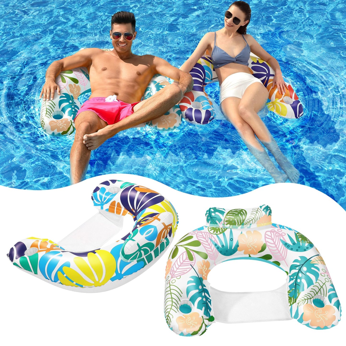 2 Pack Inflatable Pool Float Chair Pool Floating Comes with Two Cup Holders and Ergonomic headrest Great for Pool Party River Lake Beach Bring Leisure and Relaxation to Adult Summer