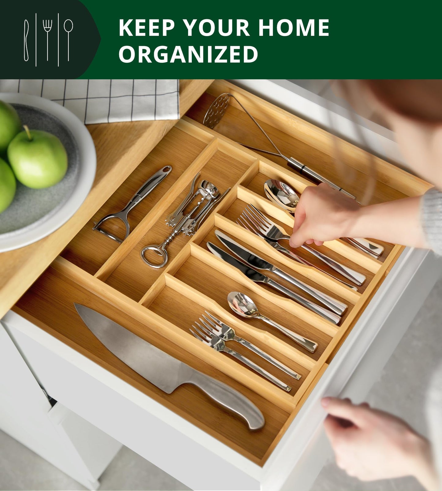 Luxury Cutlery Drawer Organizer - Utensil Holder & Kitchen Drawer Organizer, Bamboo Expandable 9 Slots Silverware Drawer Organizer For Kitchen, Slip Resistant For Flatware & Kitchen Utensils, Natural