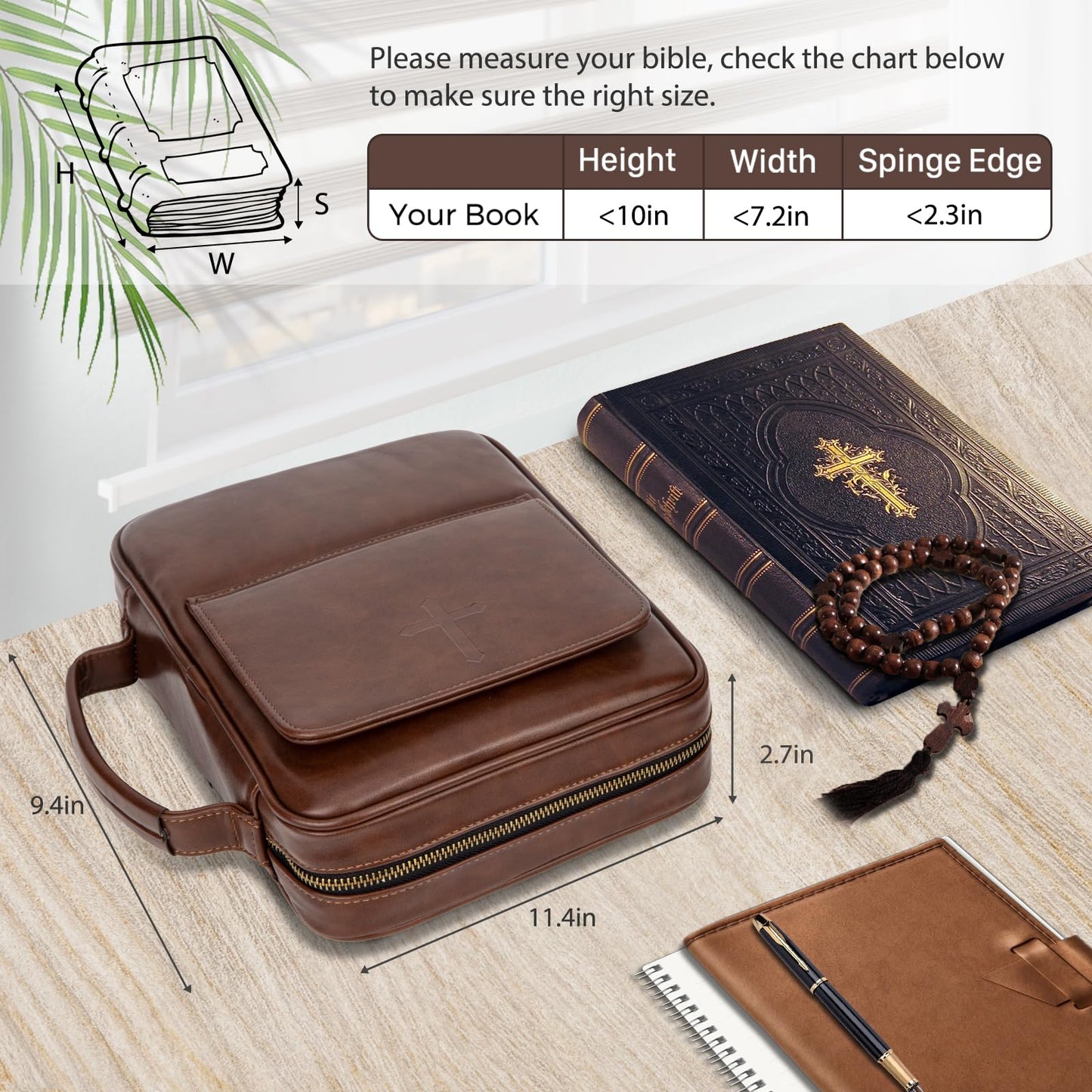 CITYCHASE Bible Covers for Men & Women, Bible Case Carrying Church Bag with Book Stand, Bible Bag with Handle, Zipper and Multi-Pockets for Scripture Study Bible Protector (Dark Brown Leather)