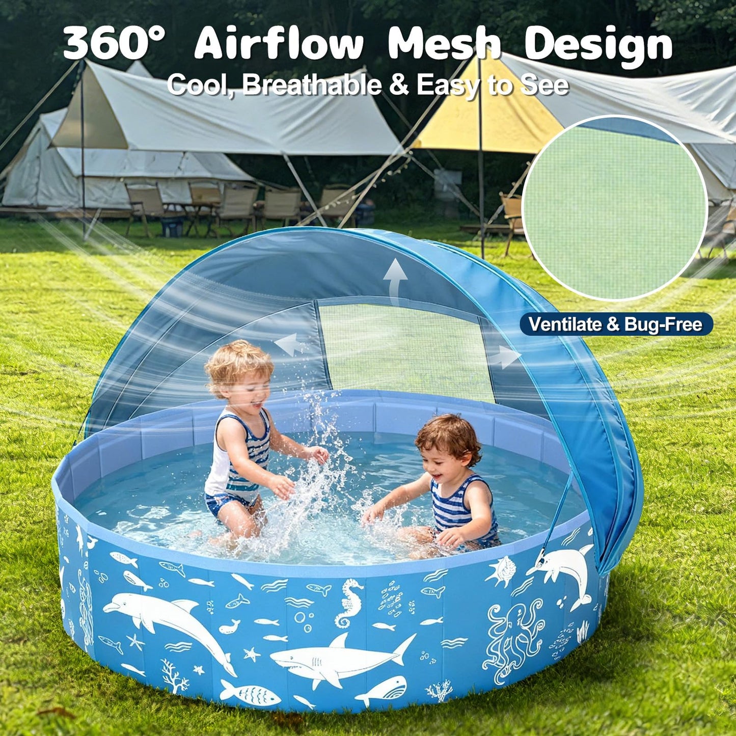 55” Extra Large Kiddie Pool with Canopy, EPN UPF 50+ Sun Shade Baby Pool, No Inflation Foldable Toddler Pool for Backyard Outdoor & Beach, Portable Thickened PVC BPA-Free Kids Water Play Pool, Blue