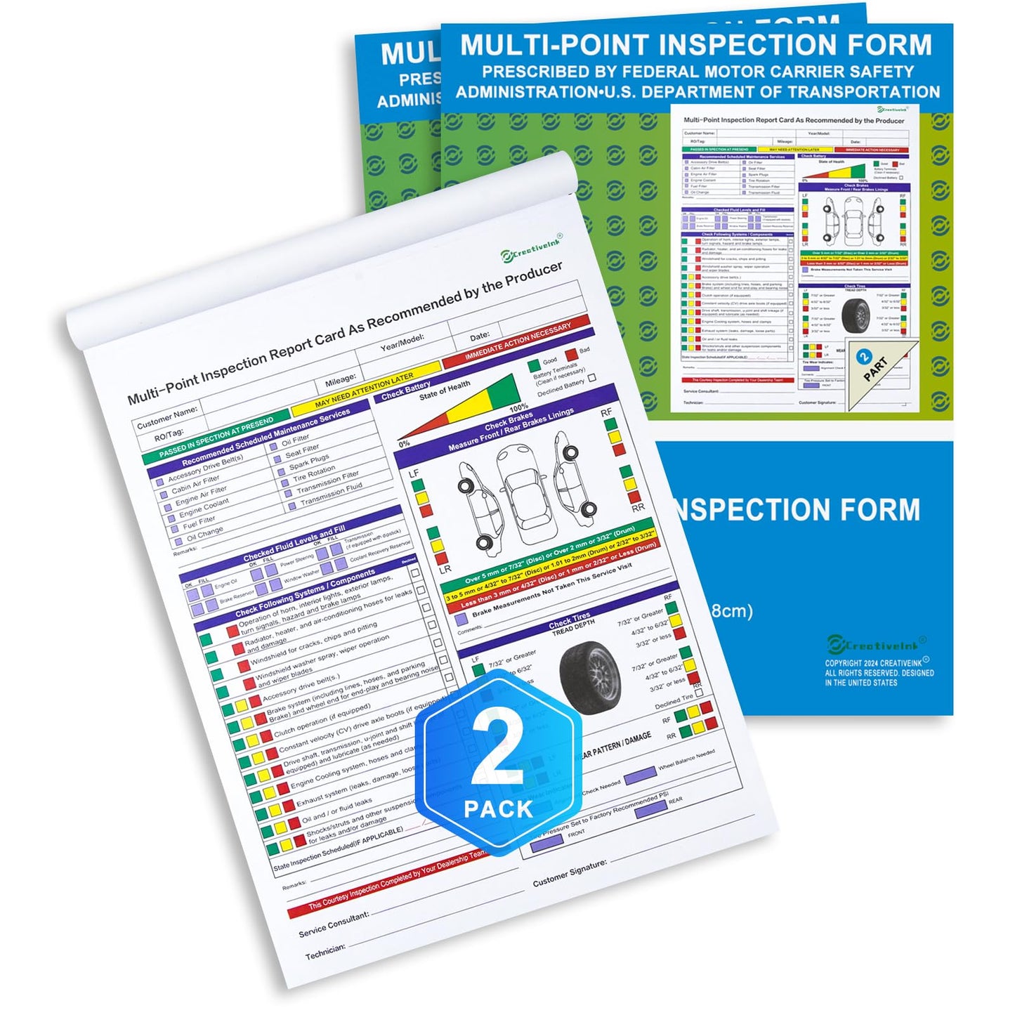 CreativeInk 200 Sets Multi-Point Automotive/Vehicle Inspection Report Forms 2-ply Carbonless for Any Make of Vehicle, Inspection Checklist, DOT Compliant, 8-1/2 x 11-3/4”