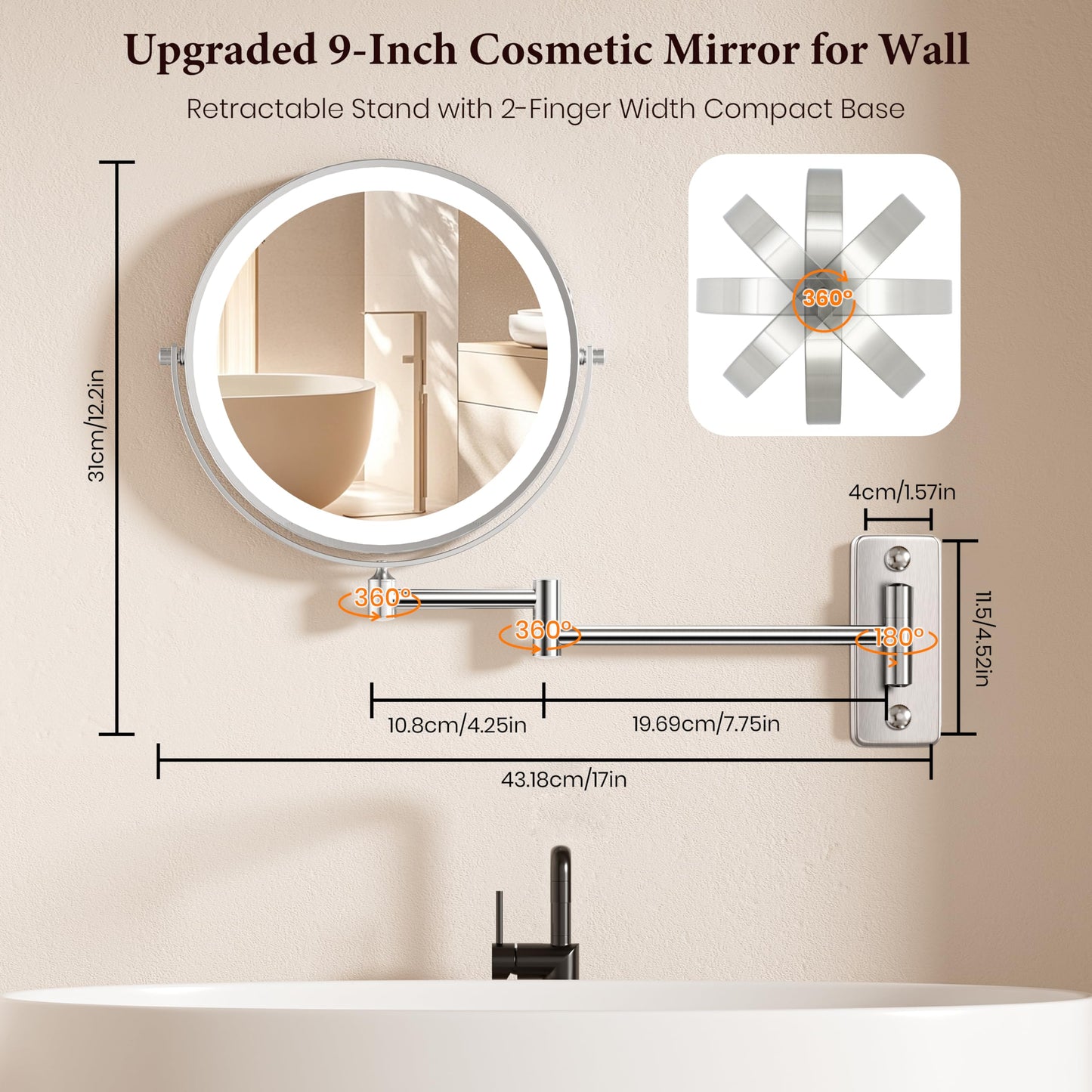 5000mAh Rechargeable Wall-Mounted Lighted Makeup Mirror, 15X HD Magnifying Mirror with 3-Color Dimmable LED Lights, Touch-Sensitive Control, 17" Extendable 360° Swivel Bathroom Mirror, Pearl Nickel