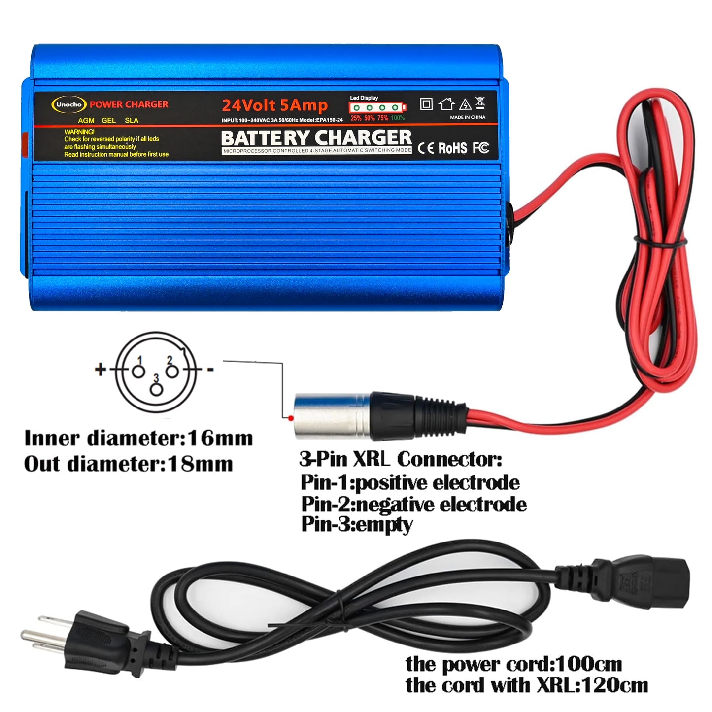 24V Battery Charger Automatic smart Charger 5A trickle Charger and I/O Switch 3 pin XLR Connector for Charging AGM Gel Lead-Acid Batteries for Cars wheelchairs Boats