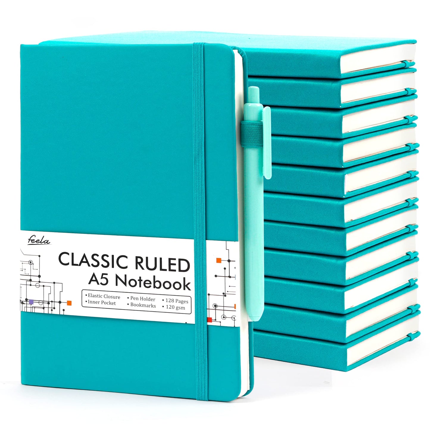 feela 12 Pack Notebooks Journals Bulk with 12 Black Pens, A5 Hardcover Notebook Classic Ruled Journal Set with Pen Holder for School Business Work Travel Writing, 120 GSM, 5.1”x8.3”, Emerald