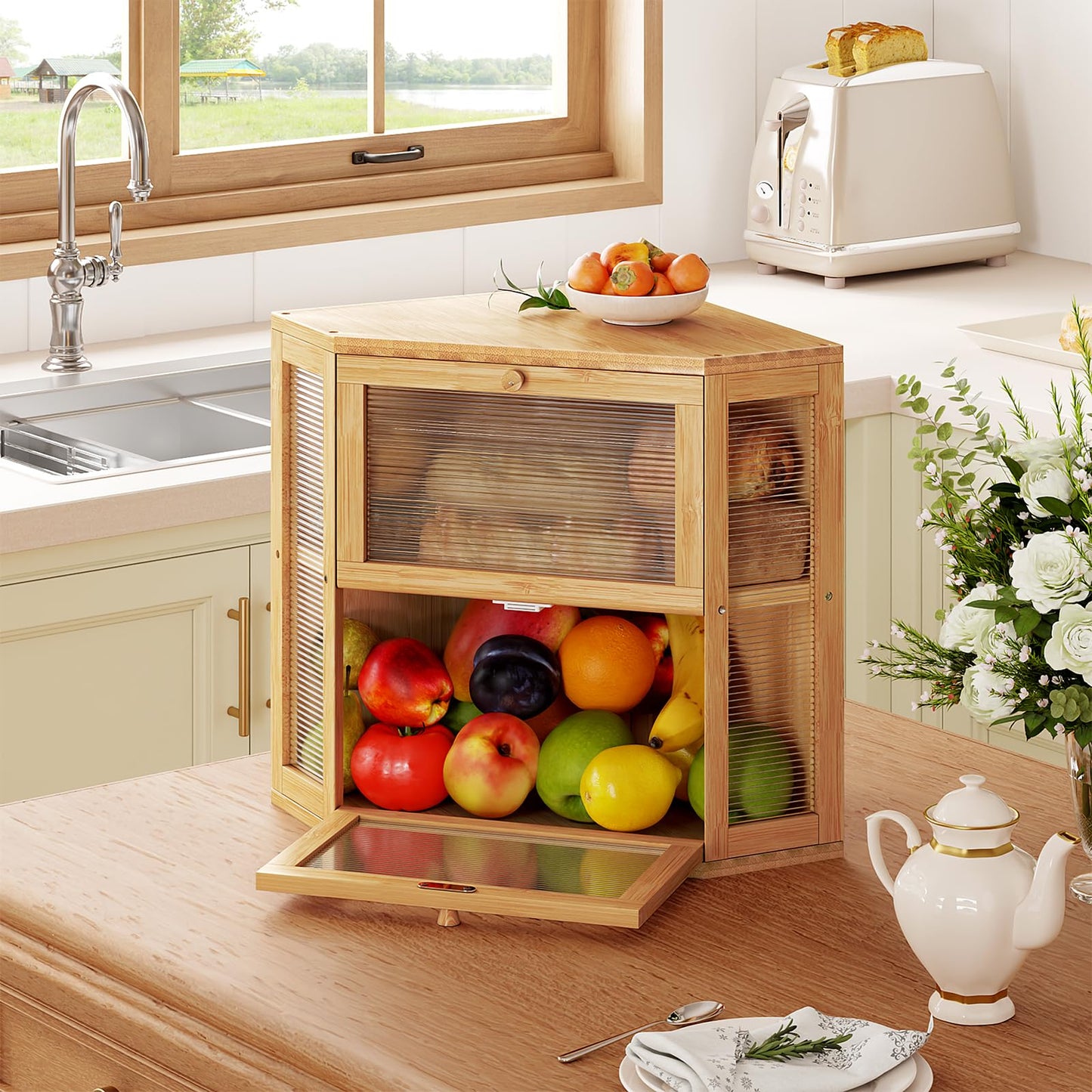 WOWLIVE Corner Bread Box for Kitchen Countertop, Double Layer Bamboo Bread Storage Container, Large Farmhouse Bread box with Acrylic Wavy Door Panel, Under Cabinet Organizer (Natural, Medium)
