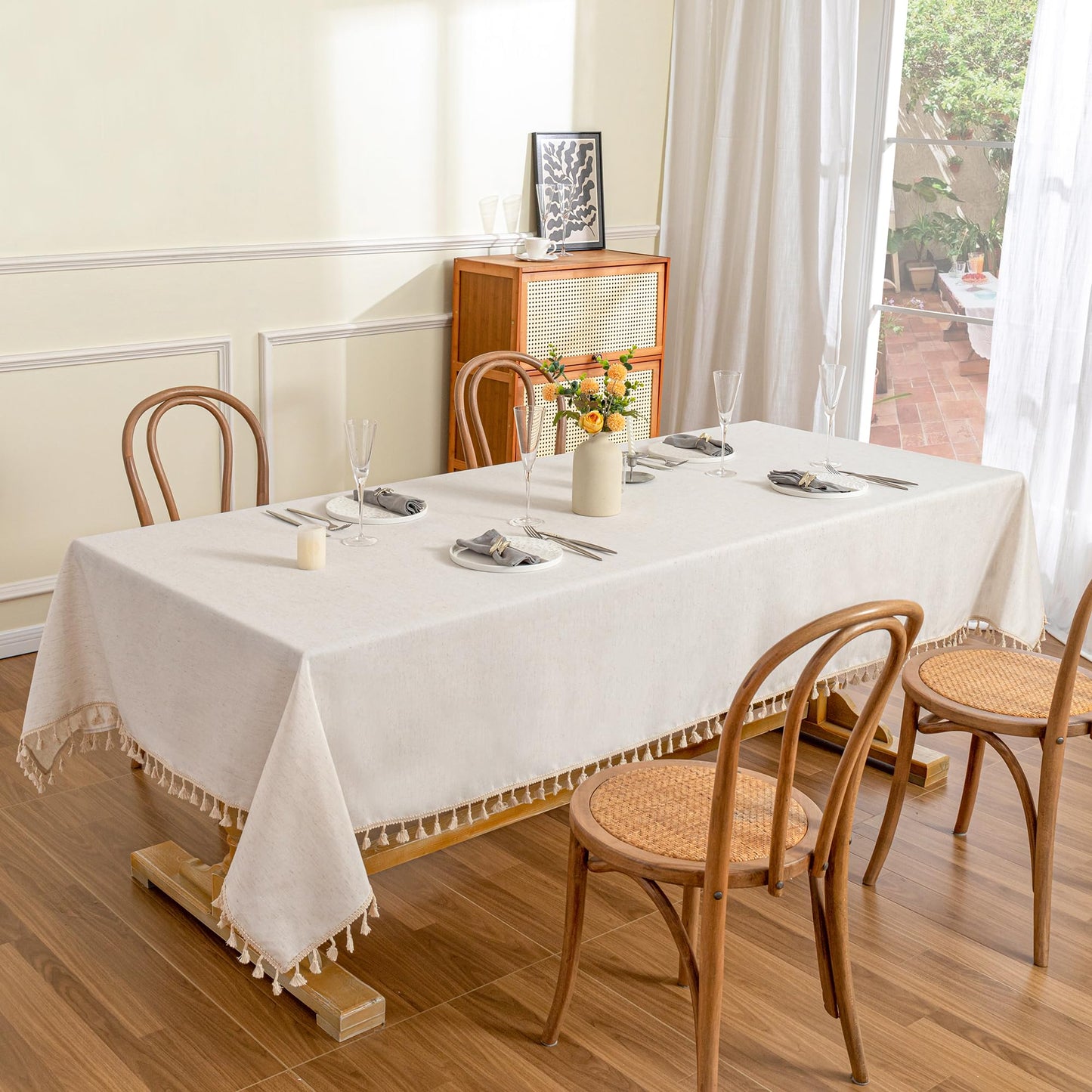 MYSKY HOME Faux Linen Table Cloth Nappe Table Rectangulaire 60x84 Inch, Boho Tablecloth Dustproof Table Cover for Kitchen Party Holiday Christmas Wedding Banquet, Beige with Beige Tassels
