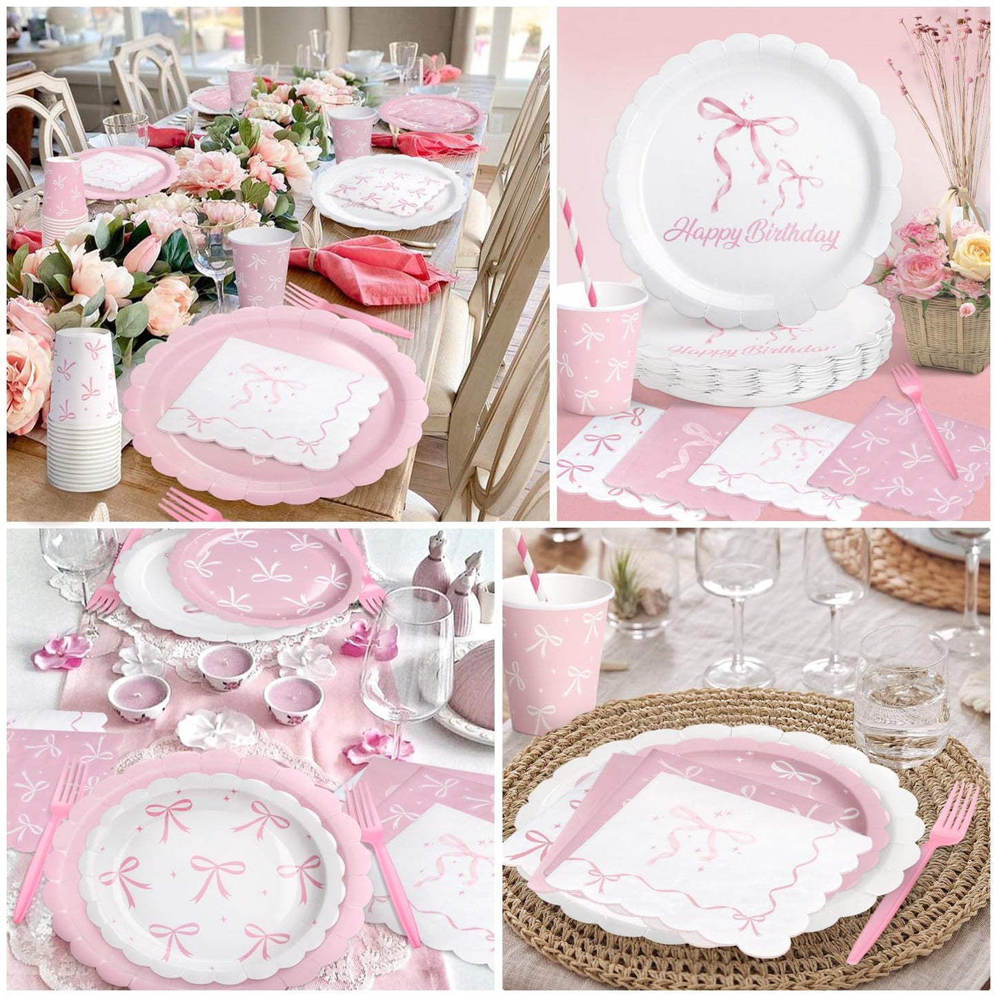 300 Pcs Pink Bow Plates, Cups, Napkins and Tableware Sets for Coquette Birthday Decorations, Pink Birthday Party Supplies Include Straws, Pink Birthday Decorations Which Can Serve 50