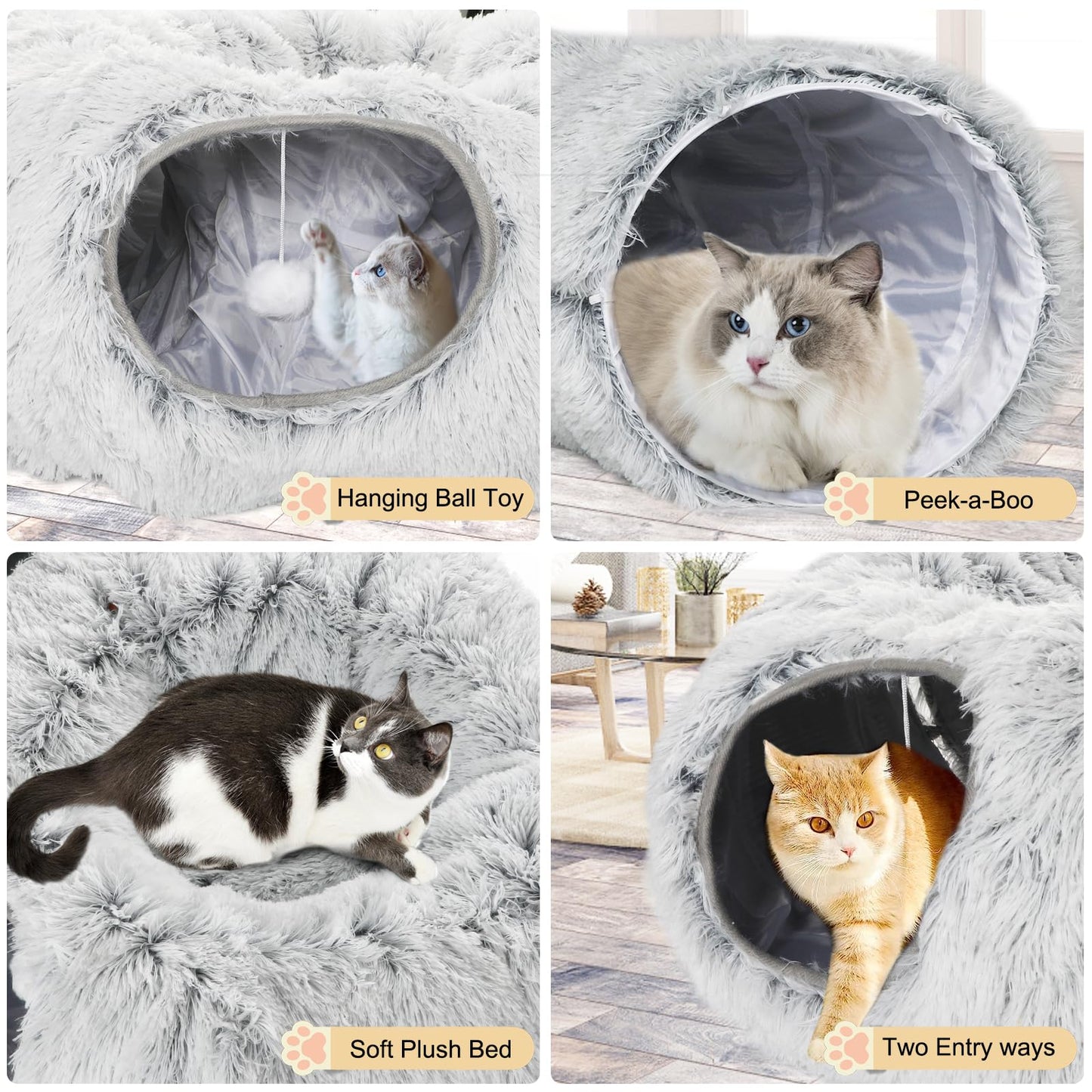 Lonepetu Cat Tunnel Bed for Indoor Cats, Warm Plush Collapsible Cat Donut Tunnel with Central Mat, Fluffy Cat Cave Tube with Hanging Ball for Cat Kitten Rabbit Puppy Ferret