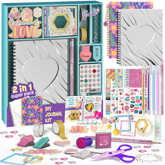 2-Pack Mega DIY Journal Kit - Gifts for Girls Ages 8 9 10 11 12 13 14 Year Old - Birthday Gifts for Girls, Arts & Crafts Kit for Kids, Teen Girl Trendy Stuff - Scrapbook & Diary Set