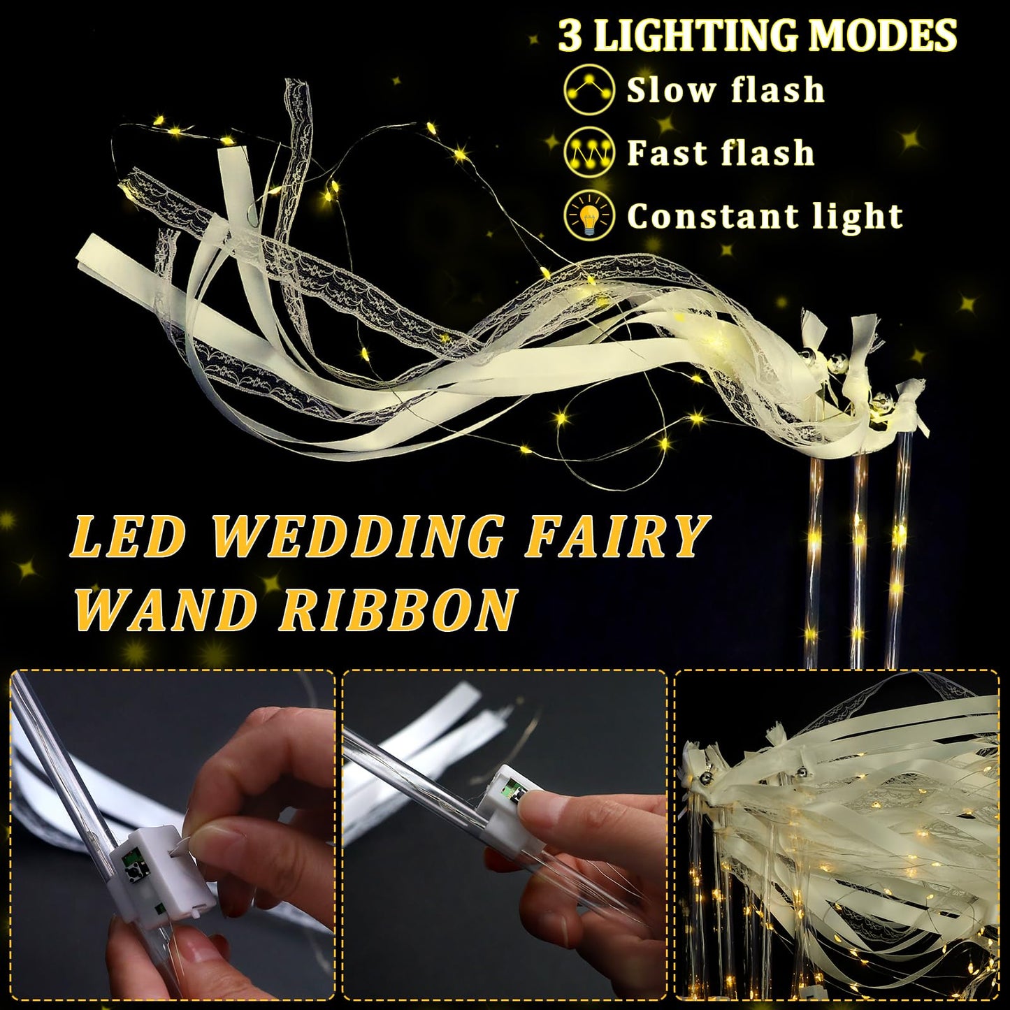 55Pcs Wedding Wands Ribbon Streamers with 3 Colorful Flashing Modes Wedding Streamers Light Up Fairy Ribbon-Wands White Glow Sticks with Bells Lighted Wedding Wands LED Light up Wands for Wedding