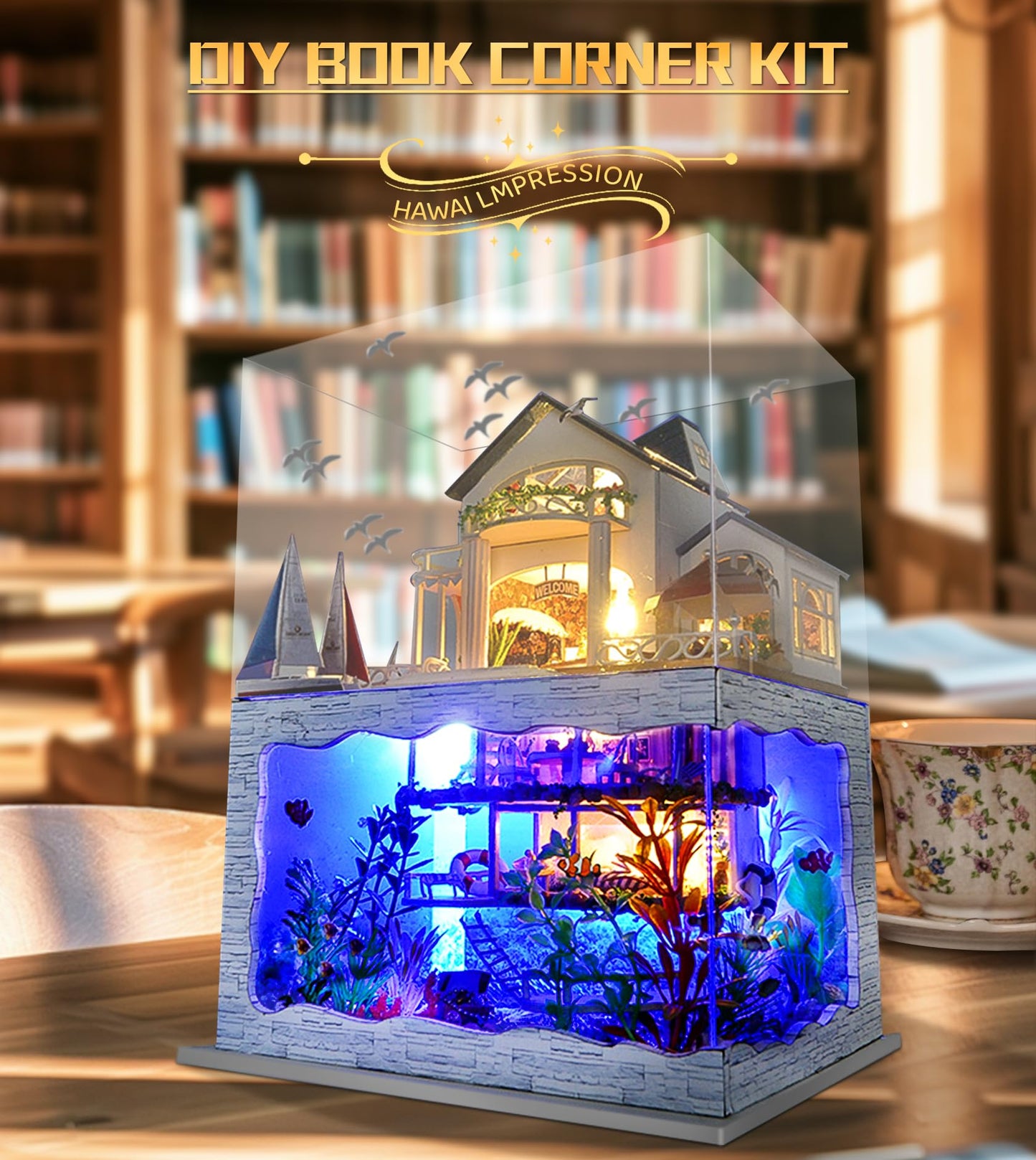 Spilay Miniature Dollhouse Kit with Furniture,DIY Dollhouse Kit Mini Modern Villa Model Plus Dust Cover and Music Box ,1:24 Scale Creative Room Idea for Children Birthday Gift(Hawaii Impression)