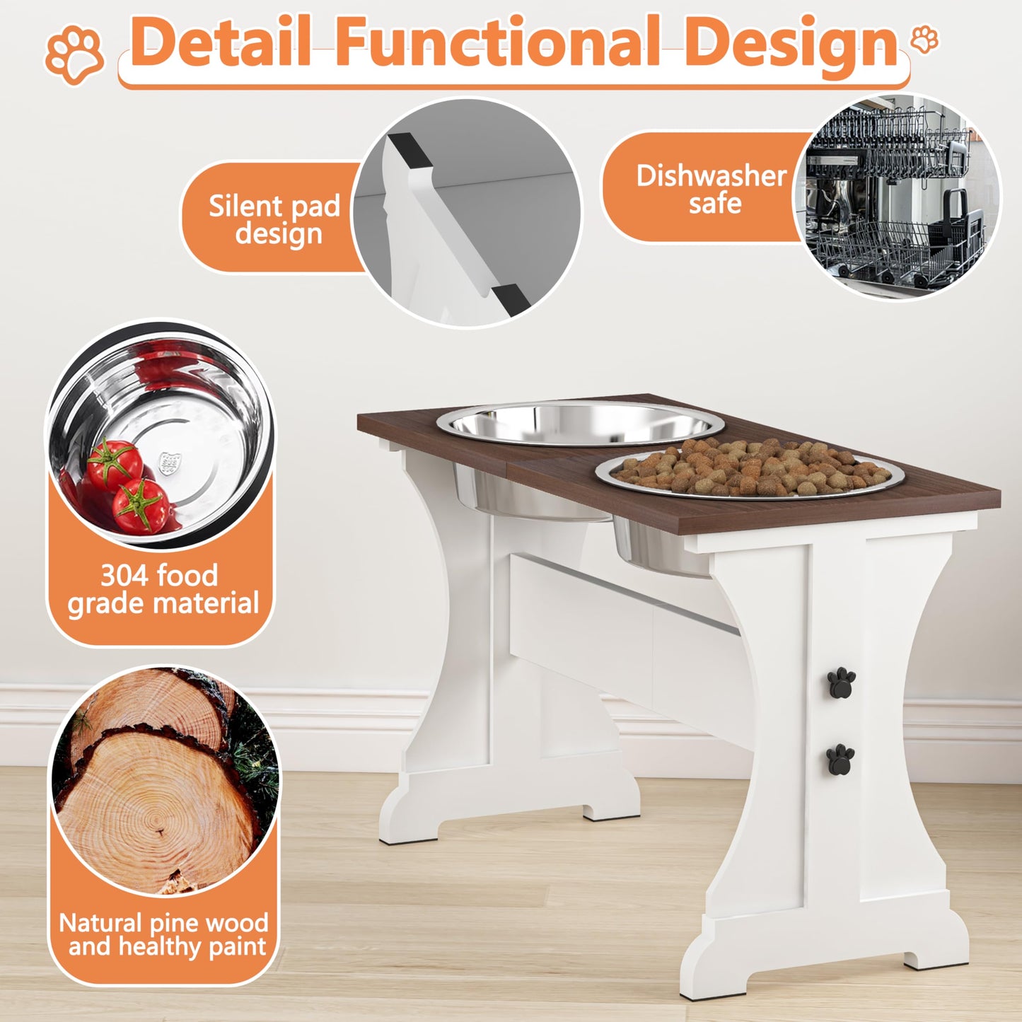 Piskyet Elevated Dog Bowls,Farmhouse Dog Bowls Stand, Raised Dog Bowl with 2 Stainless Steel Wooden (Farmhouse Style, 13.8" H_9 Cups Bowl)