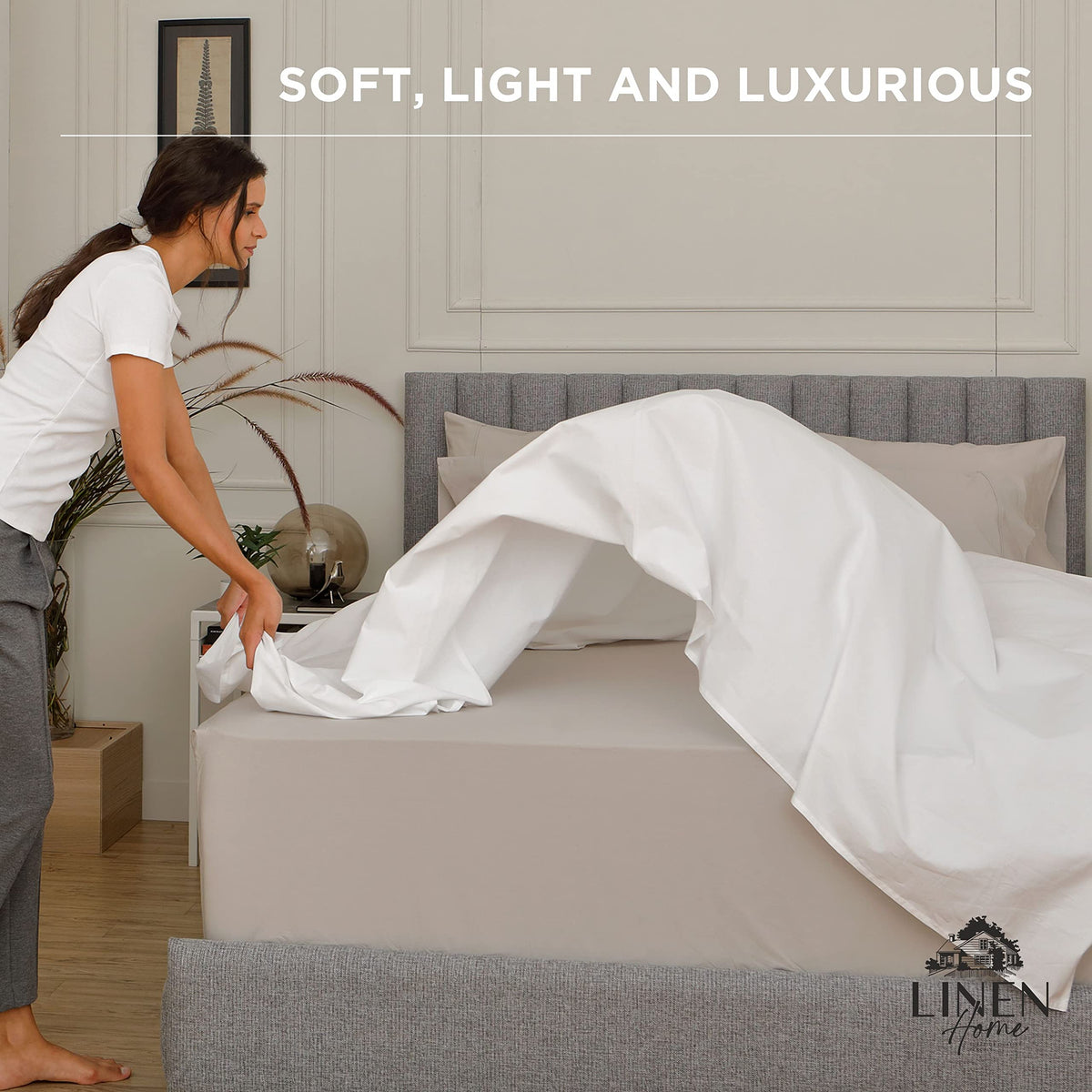 Linen Home 100% Cotton Percale Weave Fitted Sheet, Twin Size, White, 1 Deep Pocket Fitted Sheet, Fits Mattress Upto 16" Crisp and Cool Strong Bed Linen, 39"X75"+15"
