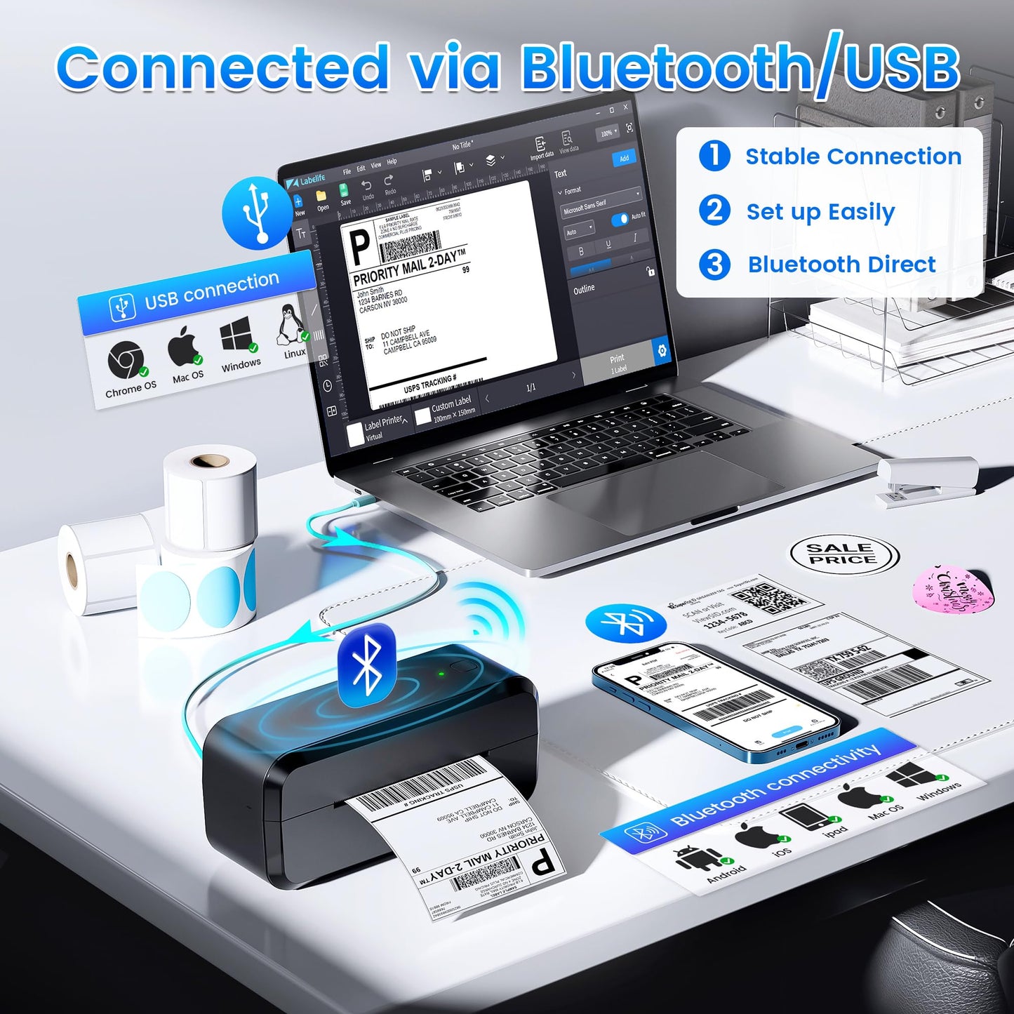 Bluetooth Thermal Shipping Label Printer, Wireless 4x6 Label Printer for Shipping Packages & Small Business, Compatible with Android, iOS, Windows and Mac, Widely Used for Ebay, Amazon, Shopify, Etsy