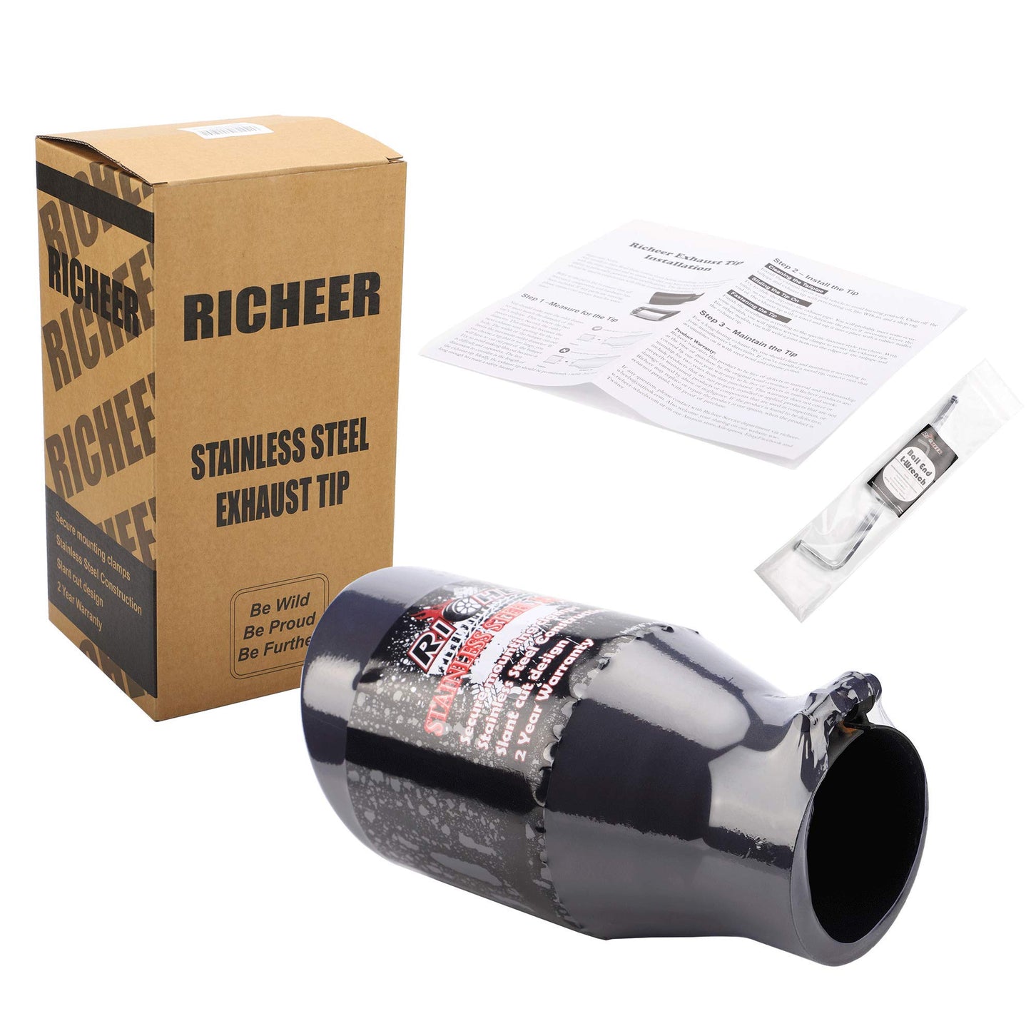 4" Inlet Black Exhaust Tip, 4" x 6" x 12" Clamp On Design Universal Stainless Steel Diesel Exhaust Tailpipe Tip with Ball End L Wrench