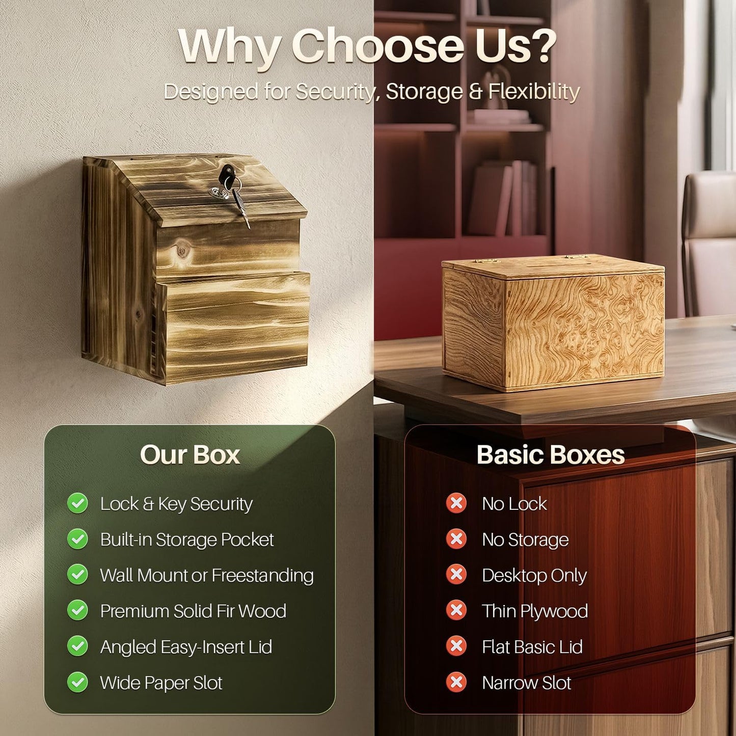 Flexzion Wooden Lockable Suggestion Box with Key Lock Lid, Wall Mounted or Free Standing Locked Ballot Prayer Donation Comment Cash Tip Money Drop Box Includes Hardware, 2 Keys