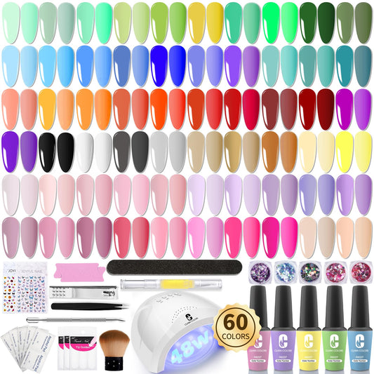 Clara Colors 64 Pcs Gel Nail Polish Kit with UV Light Nail Kit with Base Top Coat Brush Saver for Starter 60 Colors All Seasons Nude Pink Blue Green Red Soak Off Gel Polish Nail Set Nails Art DIY Gifts for Women