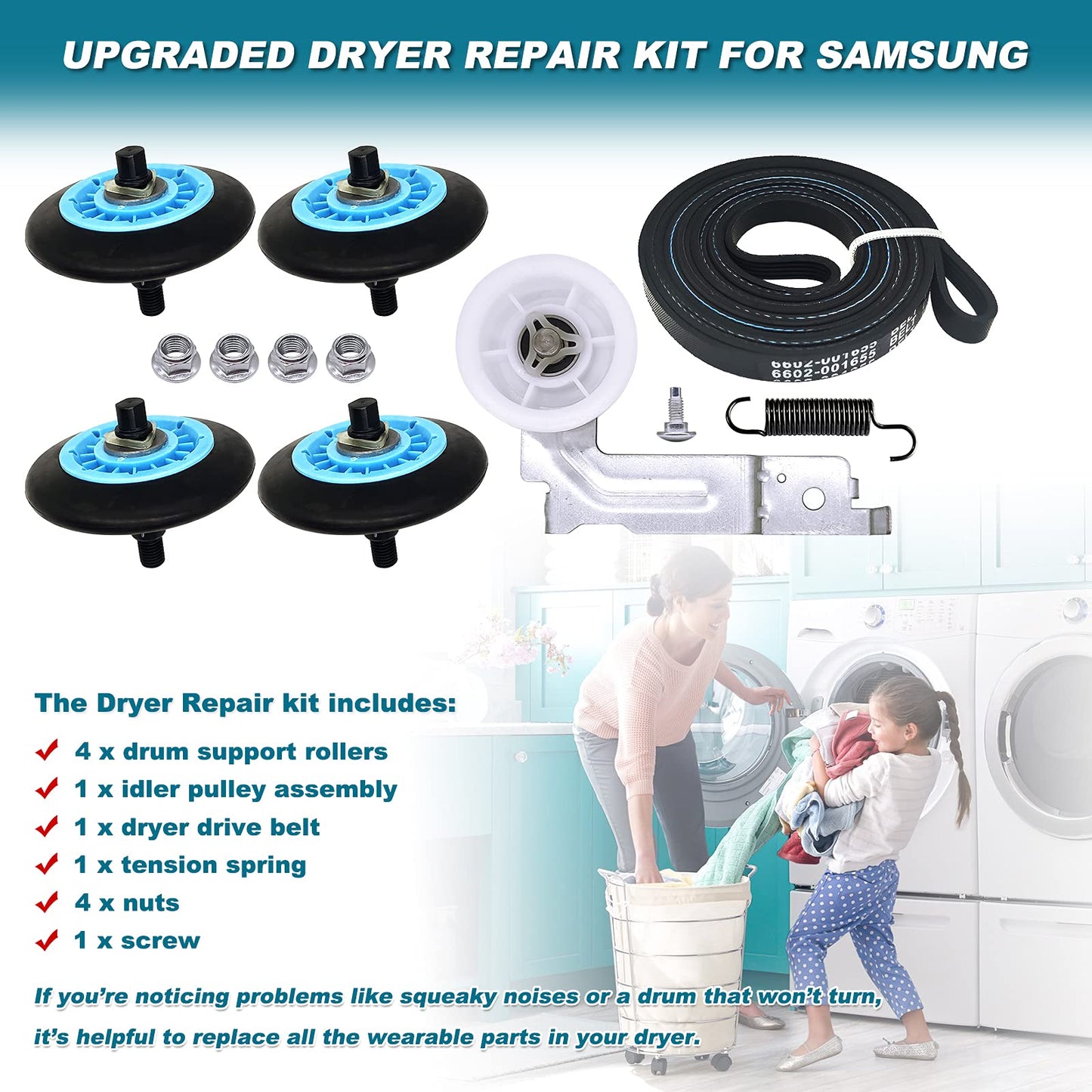 Dryer Repair Kit Replacement for Samsung Includes DC97-16782A Drum Roller, 6602-001655 Tension Belt, DC61-01215B Tension Spring and DC93-00634A Idler Pulley Replace AP5325135, PS4221885, PS4133825