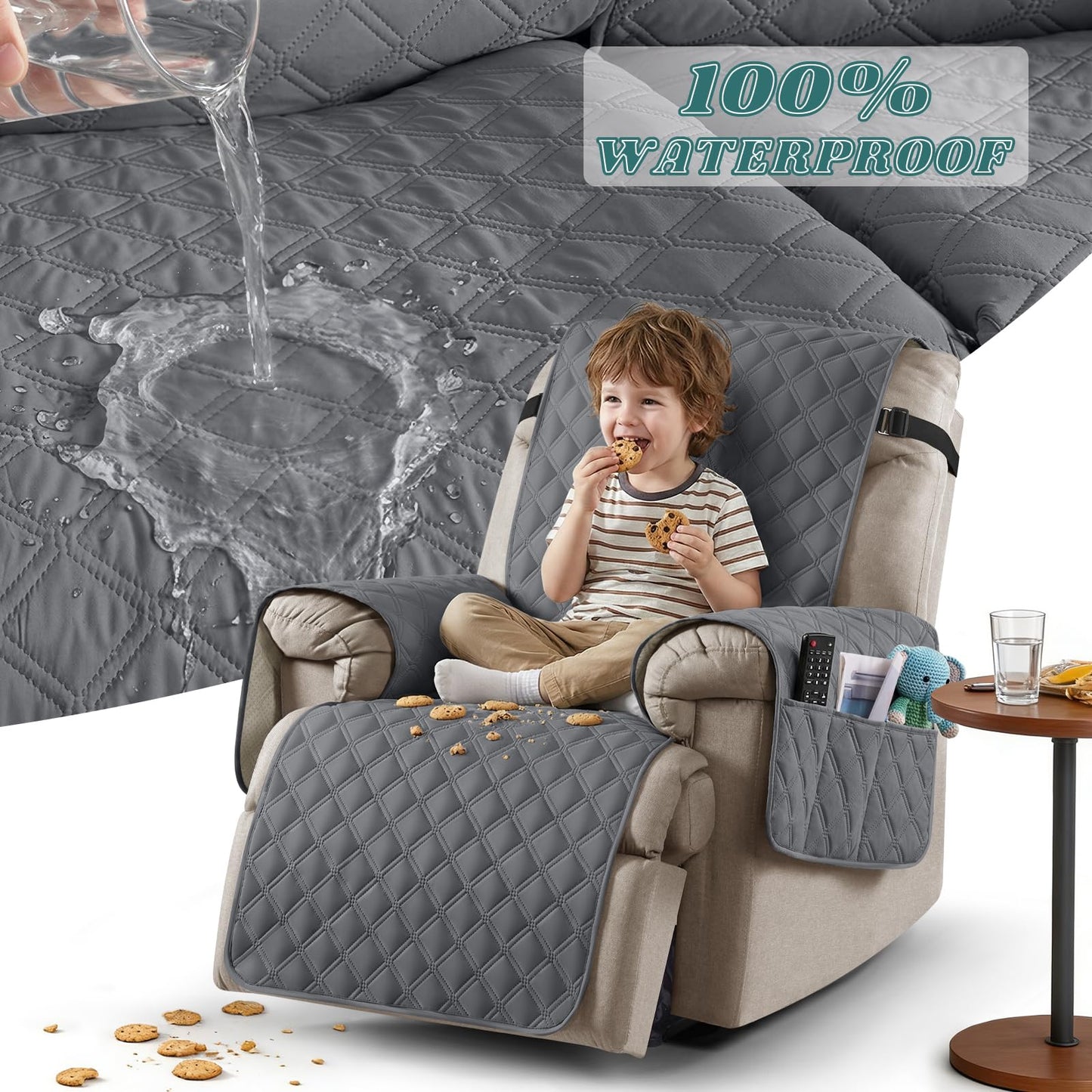 Ruaozz 100% Waterproof Recliner Chair Cover Non-Slip Reclining Cover for Recliner Chair Washable Chair Seat Cover with Elastic Straps for Kids, Dogs, Pets (Dark Grey, 1 Seater 23'')