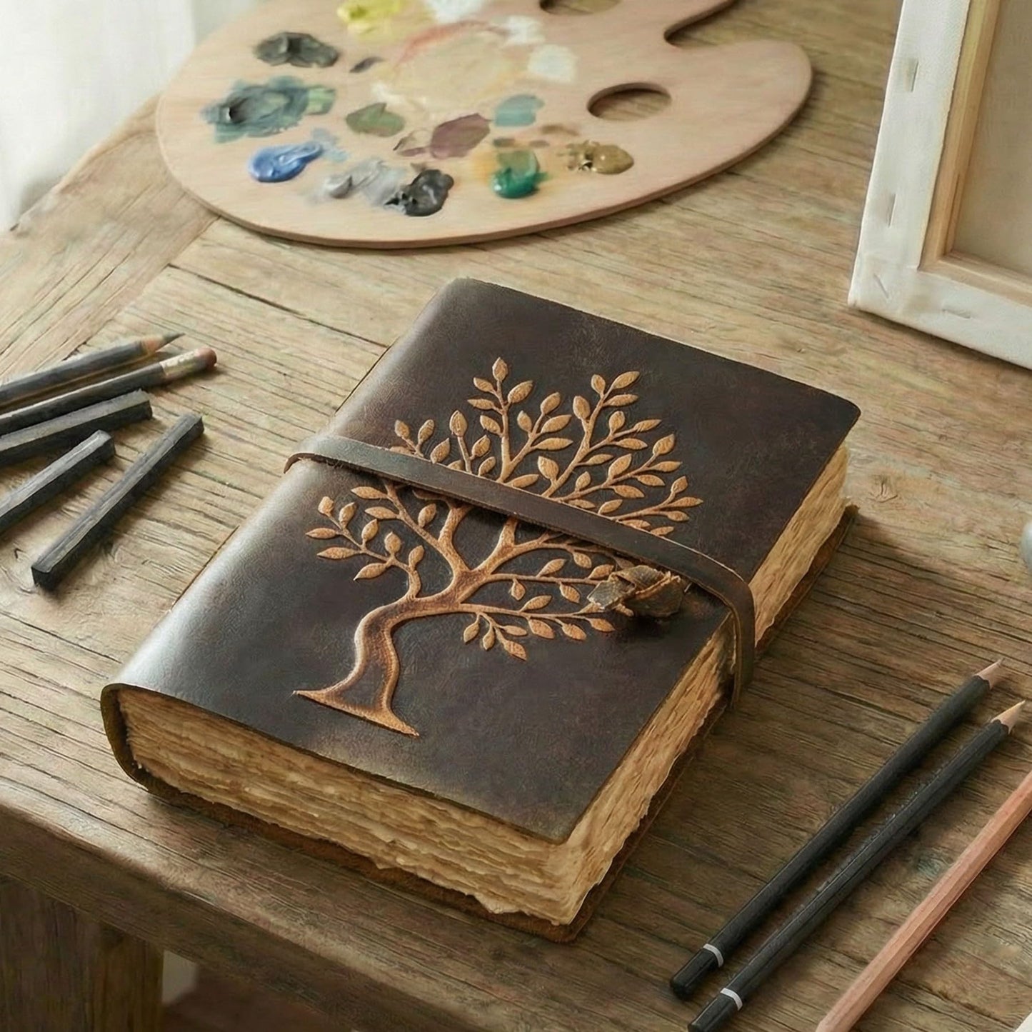 LEATHER VILLAGE Tree of Life Handmade Leather Bound Vintage Journal for Men & Women - 200 Pages Antique Deckle Edge Handmade Paper- Book of Shadow - Distressed Brown - 8 x 6 inches