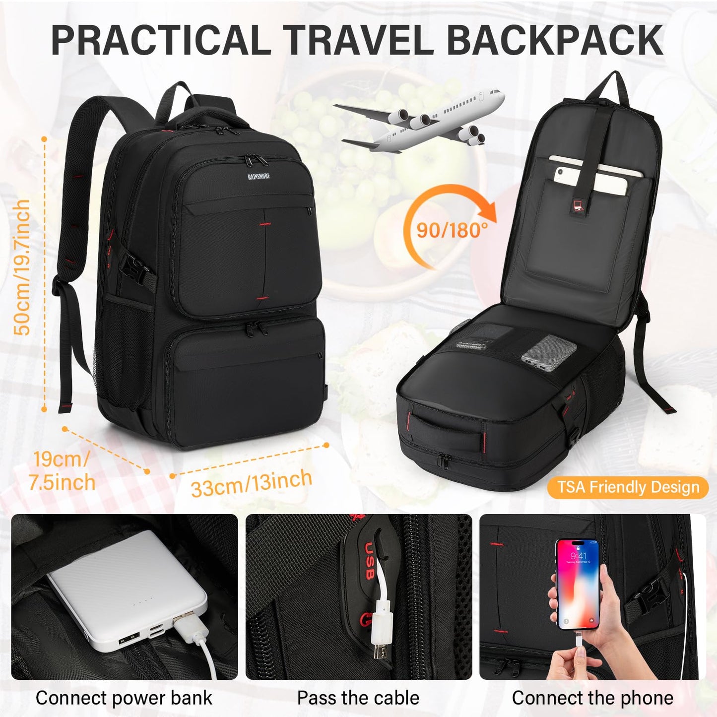 Lunch Backpack for Men, 17.3 Inch Laptop Backpack with USB Charging Port Waterproof Work Backpack with Insulated Lunch Bag for College School Business, Black