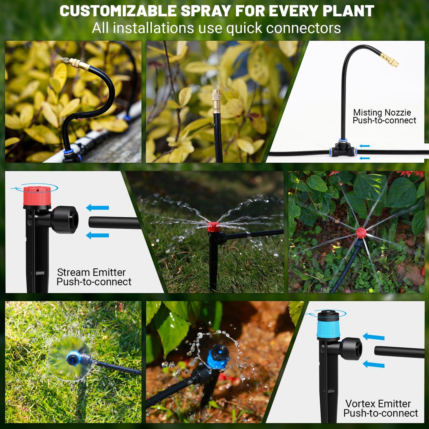 Irrigation System Garden, DIY Automatic Garden Watering Systems with Push-Fit Connectors, Water-Saving Design Sprinkler System, 3 Adjustable Nozzles for Yard, Greenhouse, Lawn & Potted Plants (100FT)