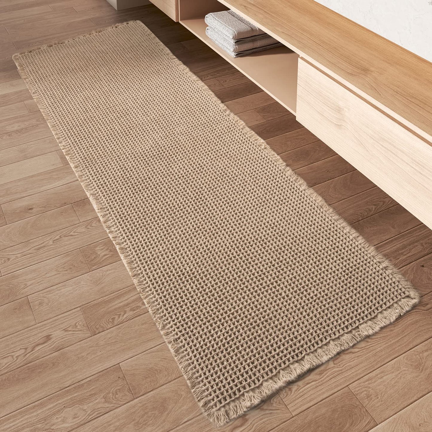 Rvolst Bath Mat for Bathroom Waffle Woven Bathroom Mat Super Absorbent Long Bathroom Runner Machine Washable Non Slip Bath Rug Farmhouse Boho 61x183cm Brown