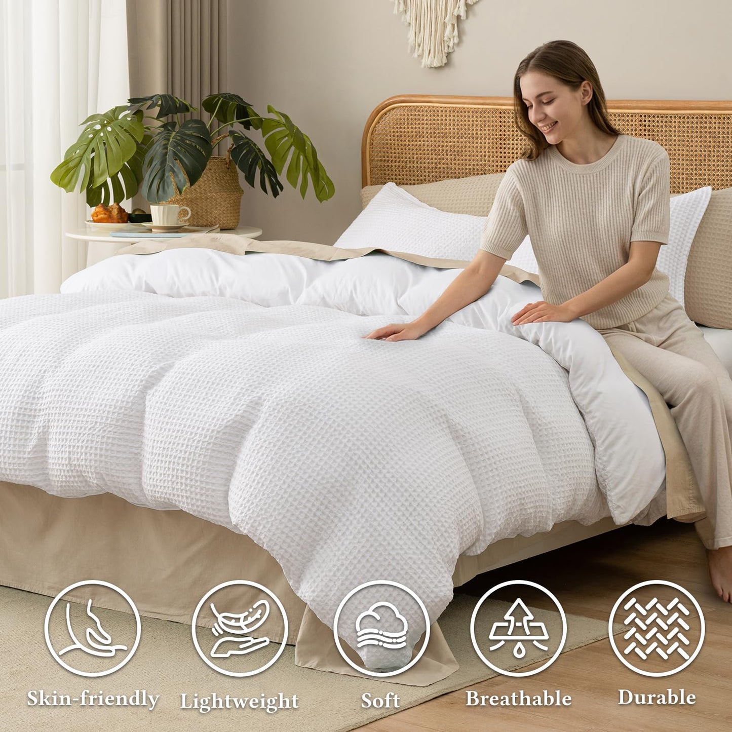 David's Home Waffle Weave Duvet Cover Set King Size,Soft Breathable 3pcs Comforter Cover Set with 2 Pillowcases,Textured Home Decor Bedding Set Cozy for All Seasons, White 104"×90",No Comforter