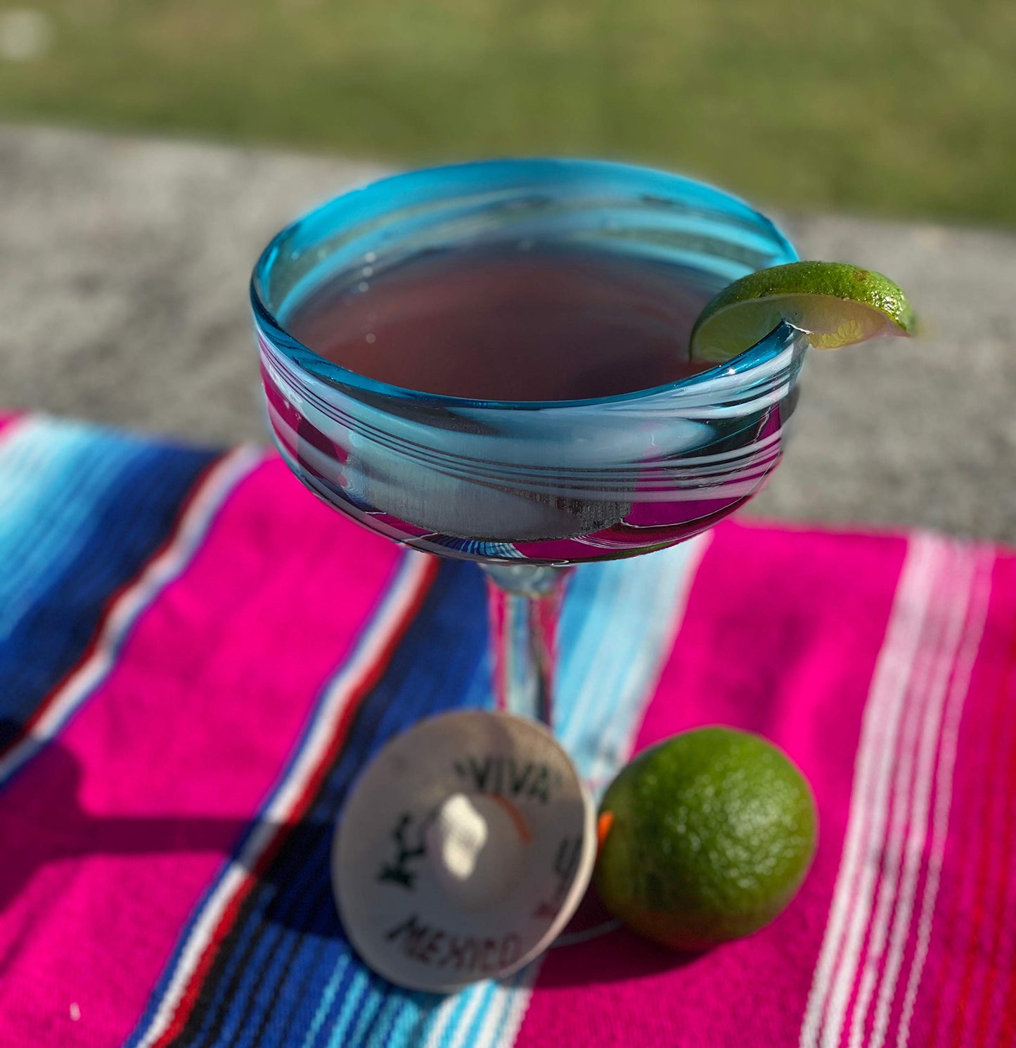 Dos Sueños Mexican Hand Blown Glass â€“ Set of 4 Hand Blown Margarita Glasses Aqua Swirl (16 oz)